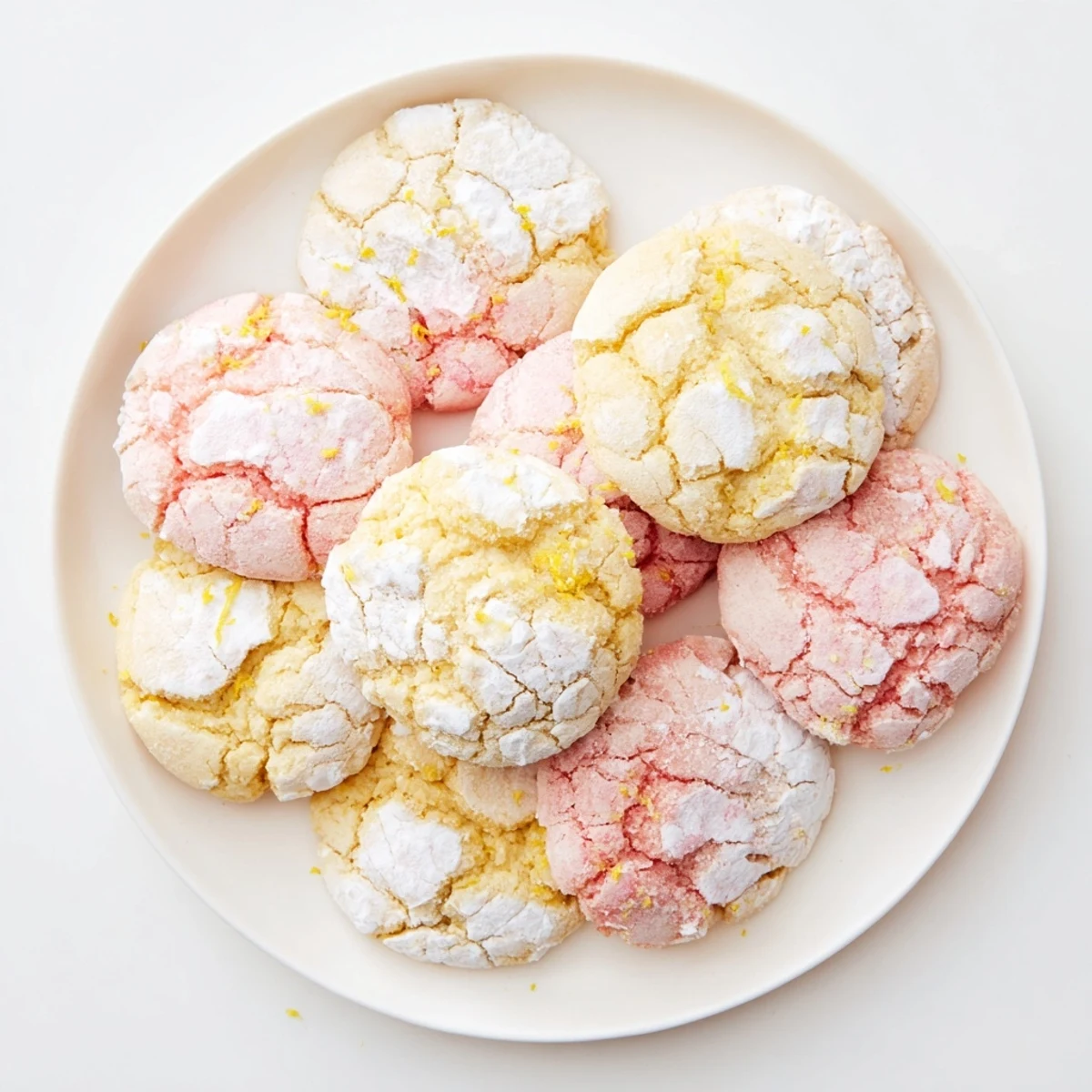 Colorful springtime crinkle cookies in pink yellow and blue with crinkled texture coating