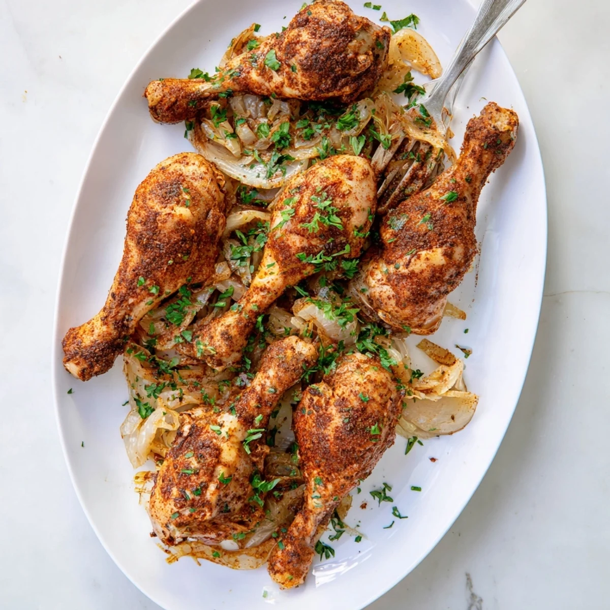 Golden brown Crockpot chicken legs resting on a bed of caramelized sliced onions, garnished with fresh green parsley.