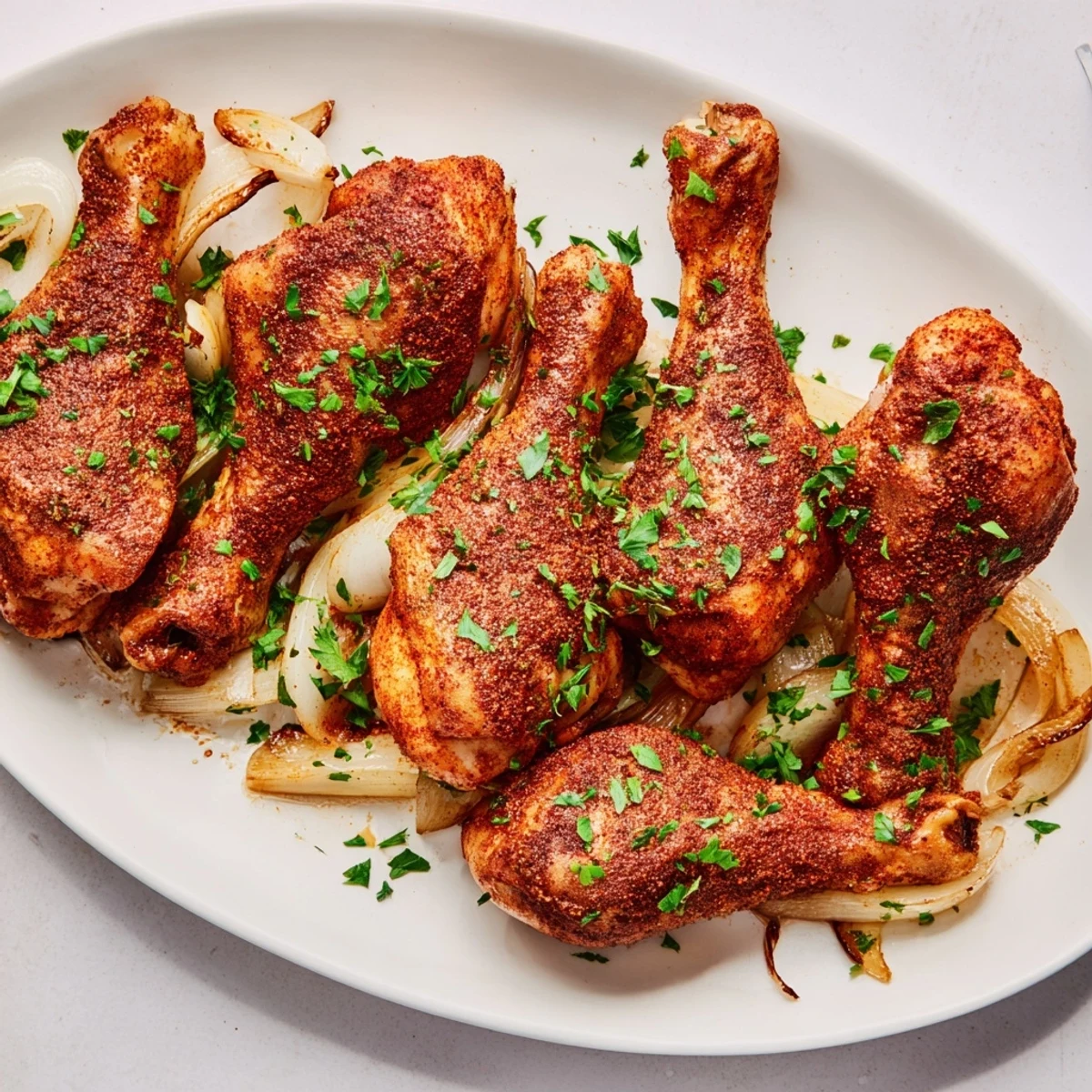 Tender slow-cooked chicken drumsticks seasoned with smoked paprika and herbs, nestled in savory broth with aromatic garlic.