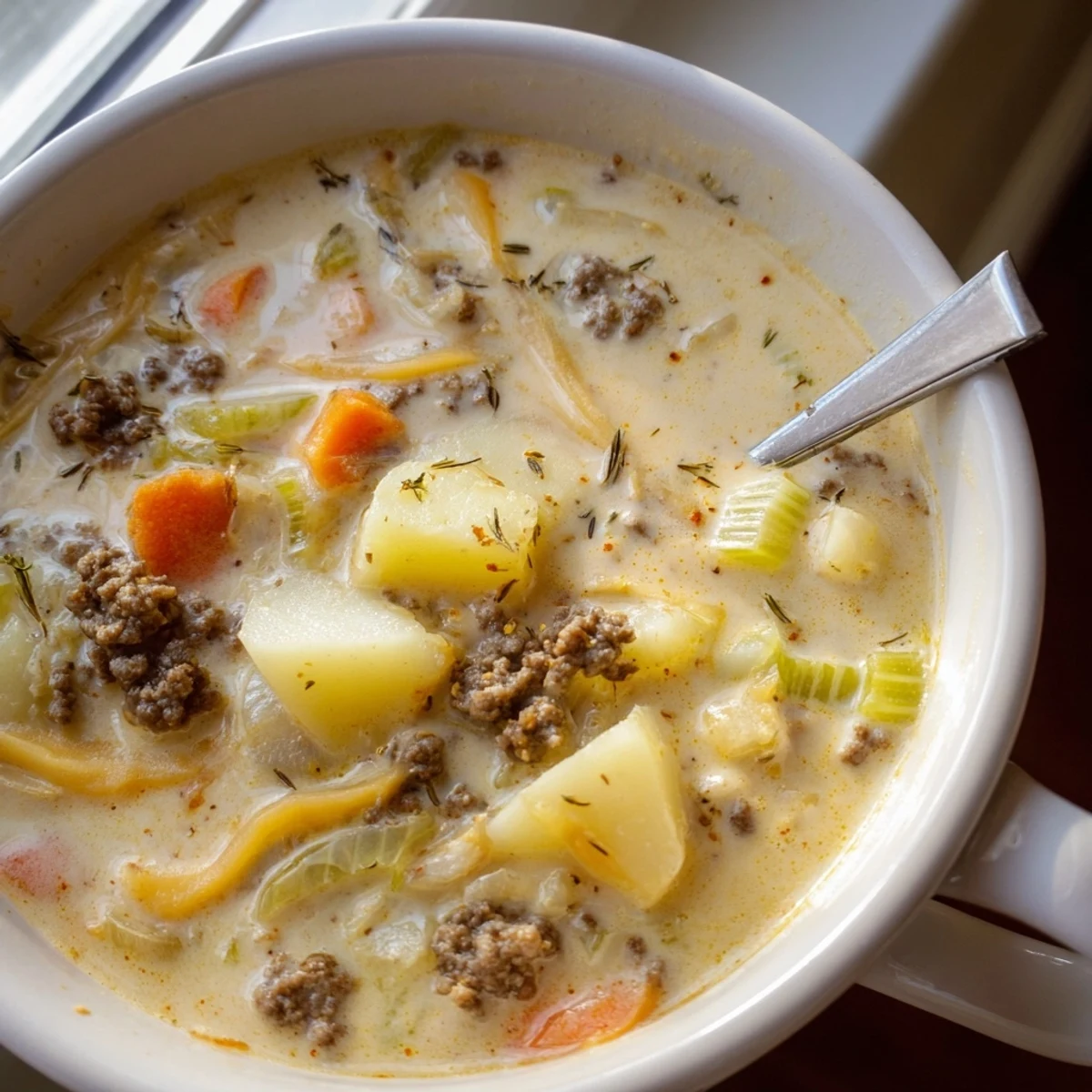 Creamy crockpot potato hamburger soup topped with cheddar and fresh chives in a white bowl