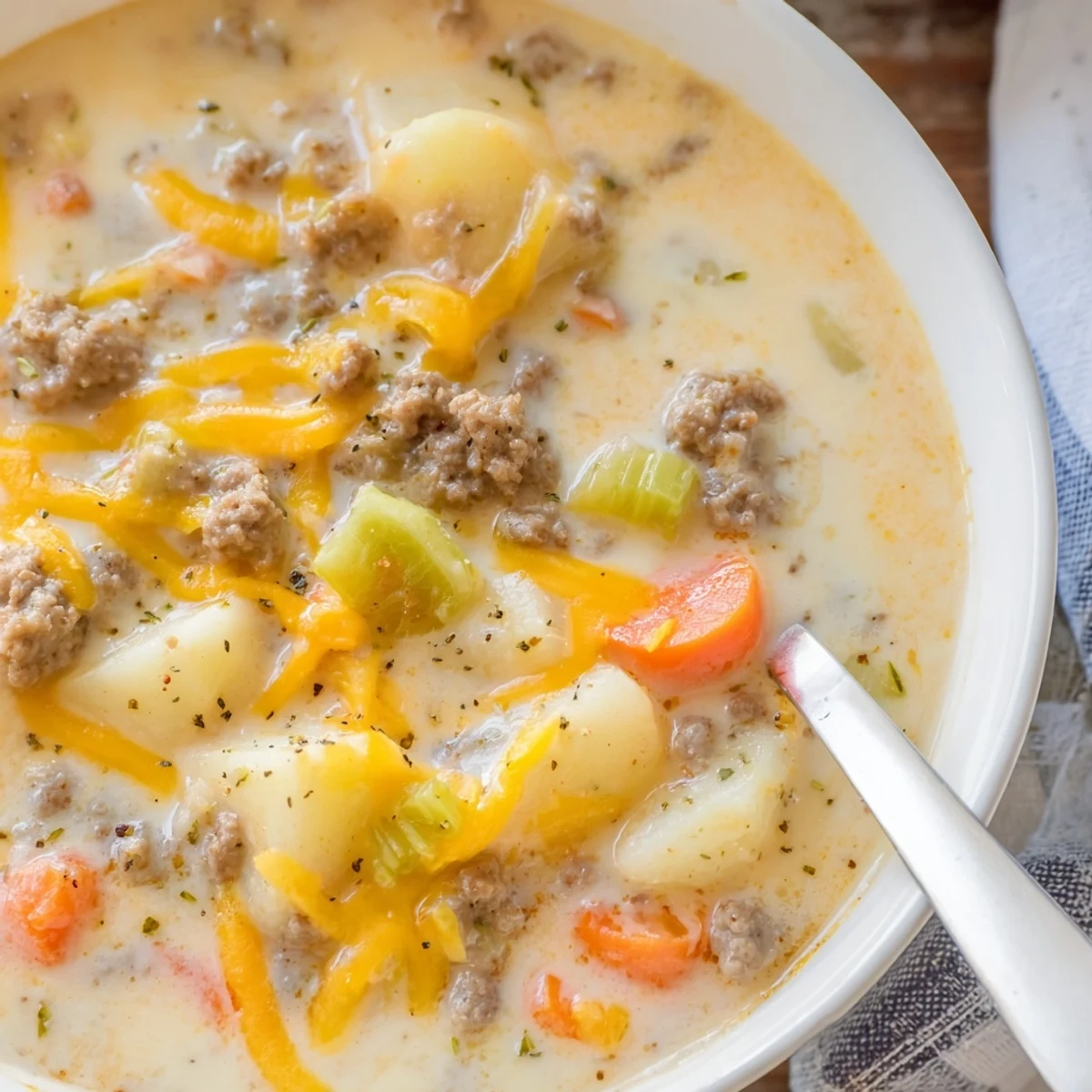 Hearty slow cooker hamburger potato soup with tender vegetables in rich broth served piping hot