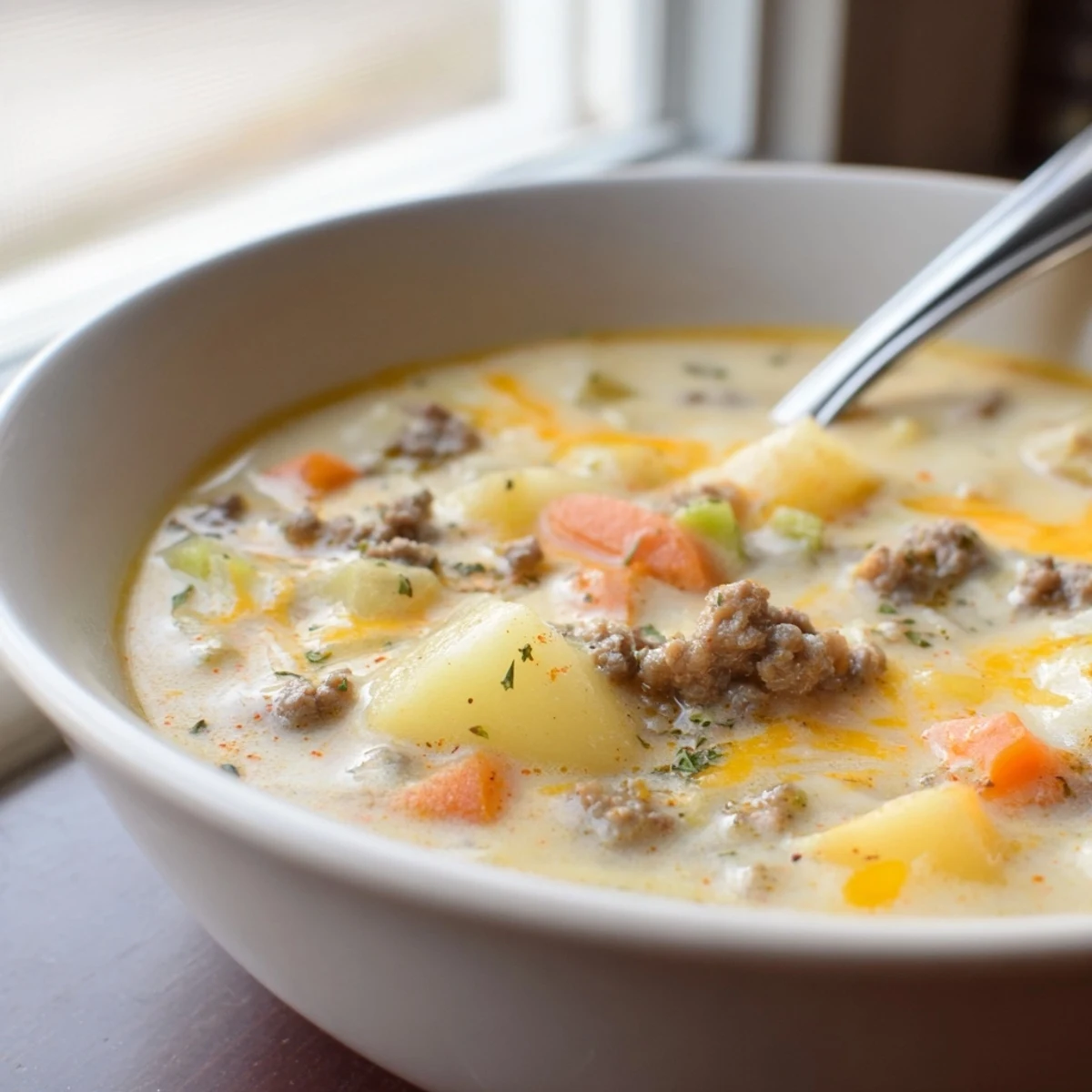 Spoonful of creamy potato hamburger soup featuring ground beef melted cheese and diced potatoes
