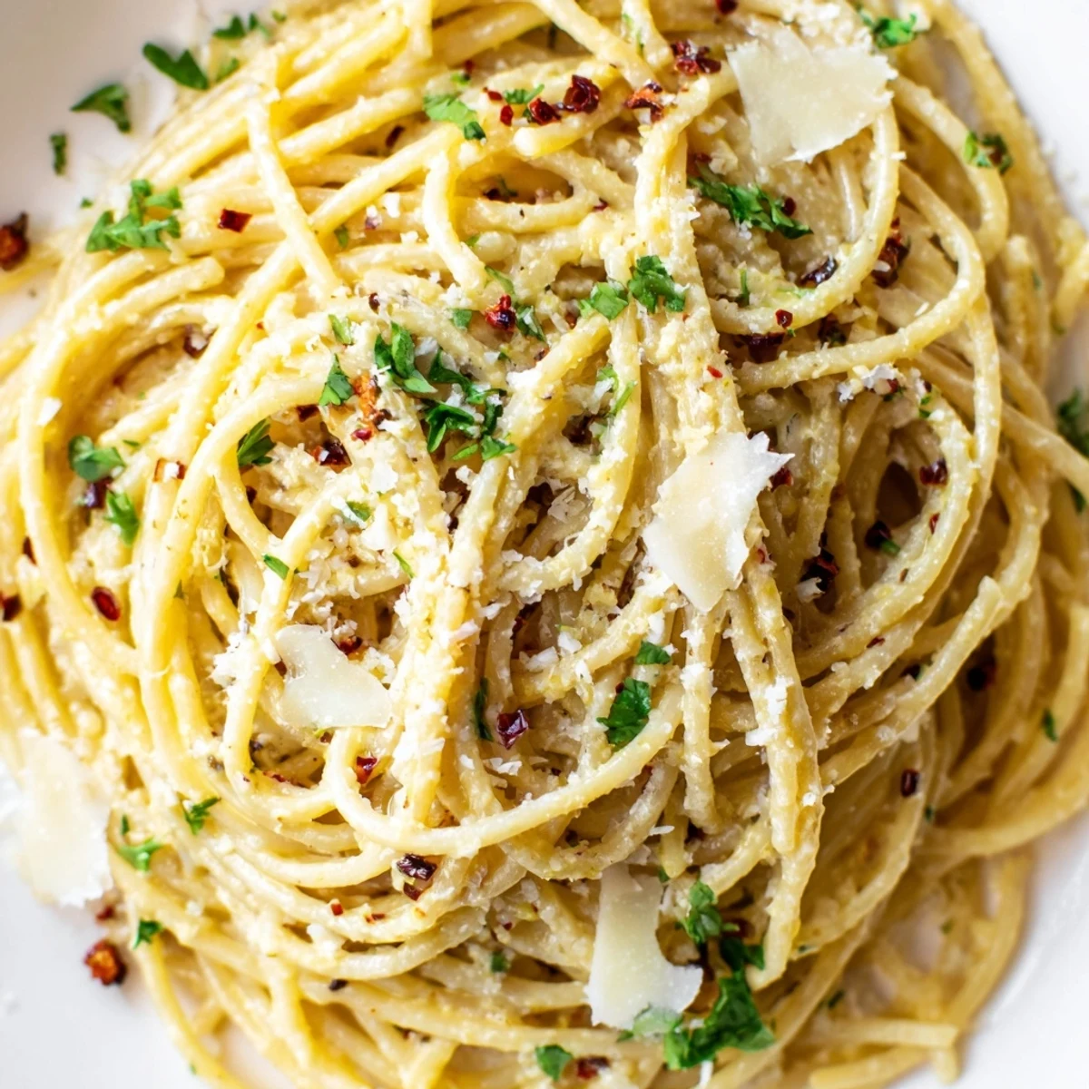 Creamy Italian spaghetti tossed with garlic-infused cheese sauce and sprinkled with green parsley flakes
