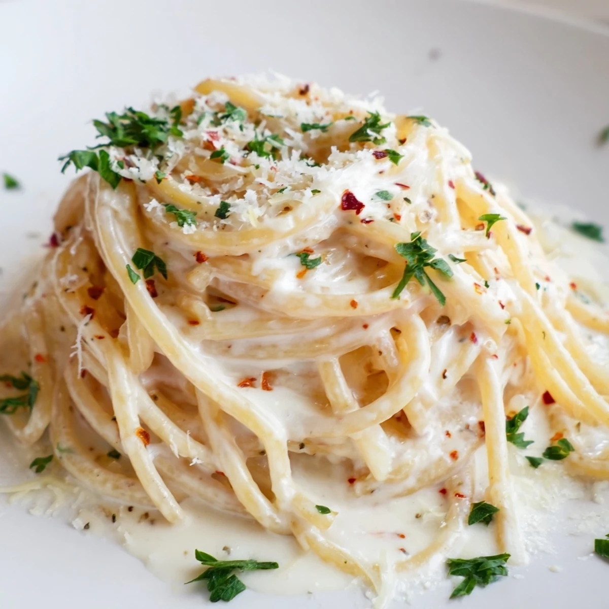 Twirled pasta dripping with melted mozzarella and sharp Parmesan in a garlic butter cream sauce