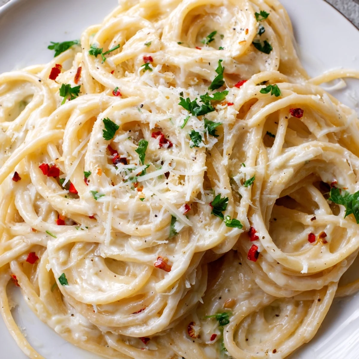 Golden strands of cheesy garlic Parmesan spaghetti coated in a rich cream sauce and garnished with fresh parsley