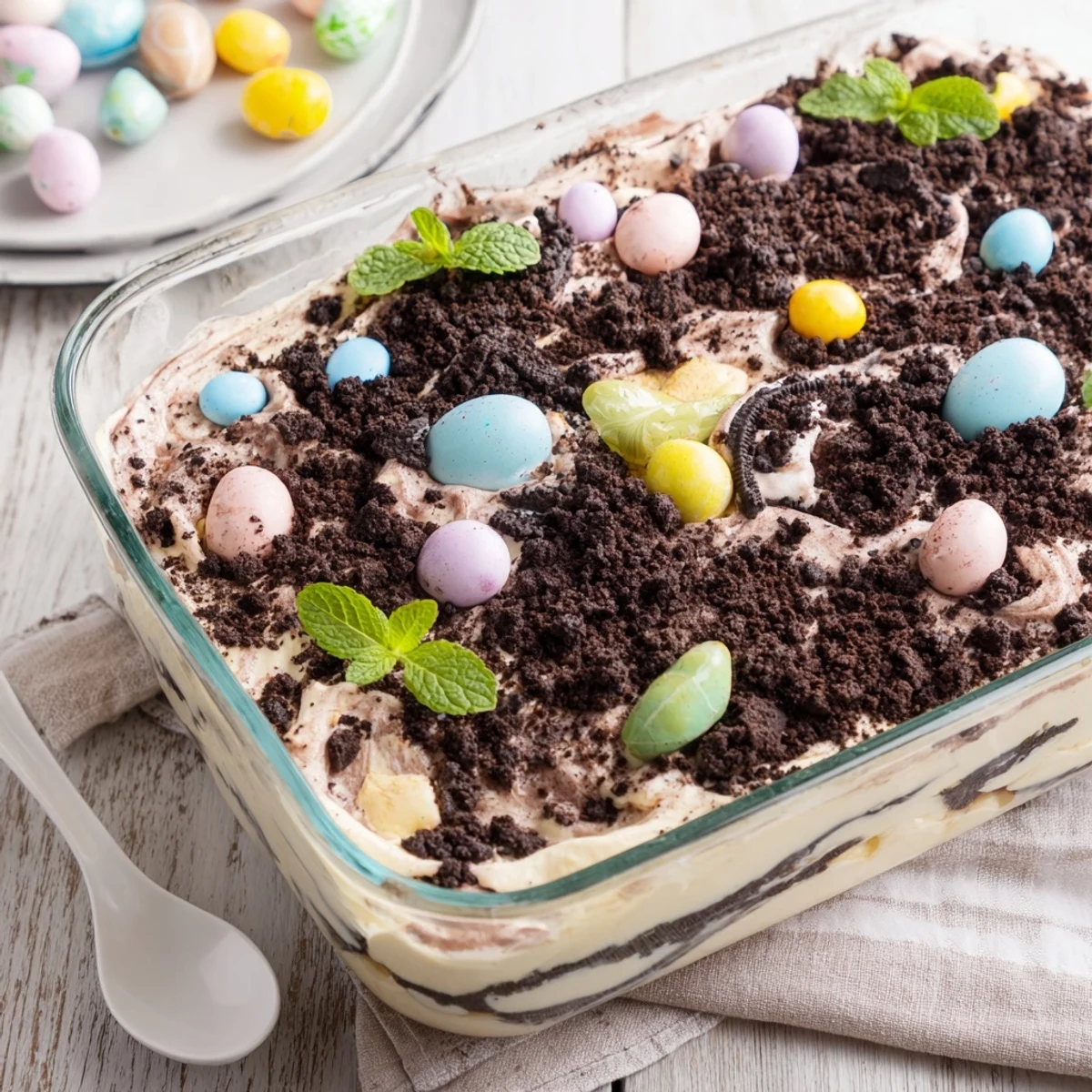 Easter dirt cake casserole with crushed cookie layers and pastel candy eggs