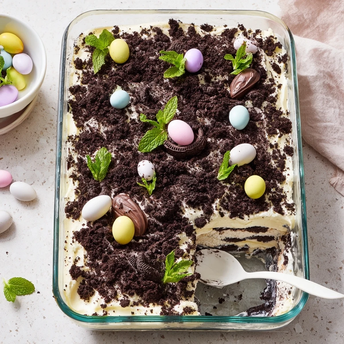 Spring dessert casserole featuring creamy vanilla pudding topped with colorful Easter chocolates