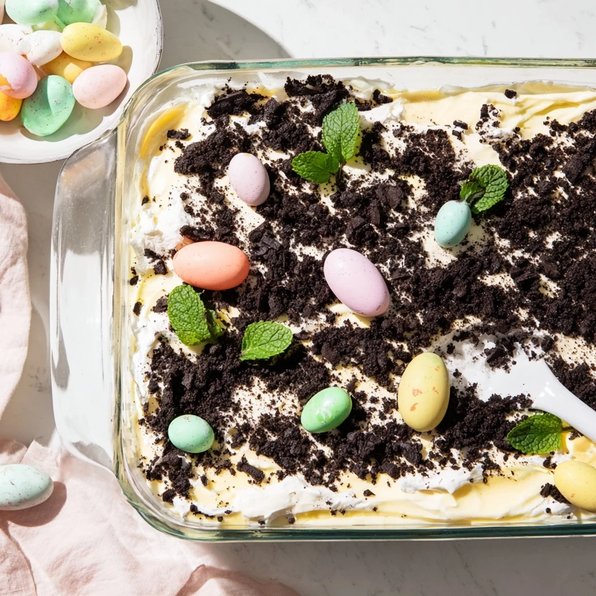 No-bake Easter dirt cake layered with chocolate cookies and festive candy toppings