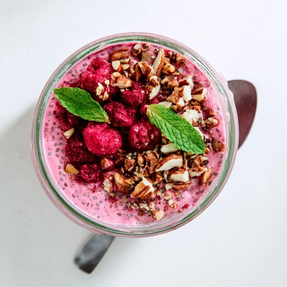 Creamy raspberry chia pudding topped with fresh berries in a clear glass jar