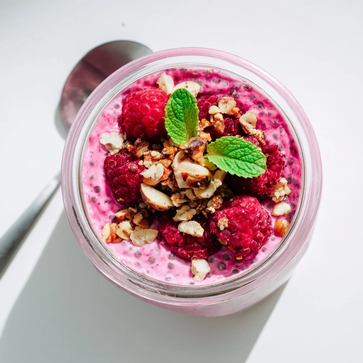 Thick and smooth raspberry chia pudding garnished with whole raspberries on a white plate