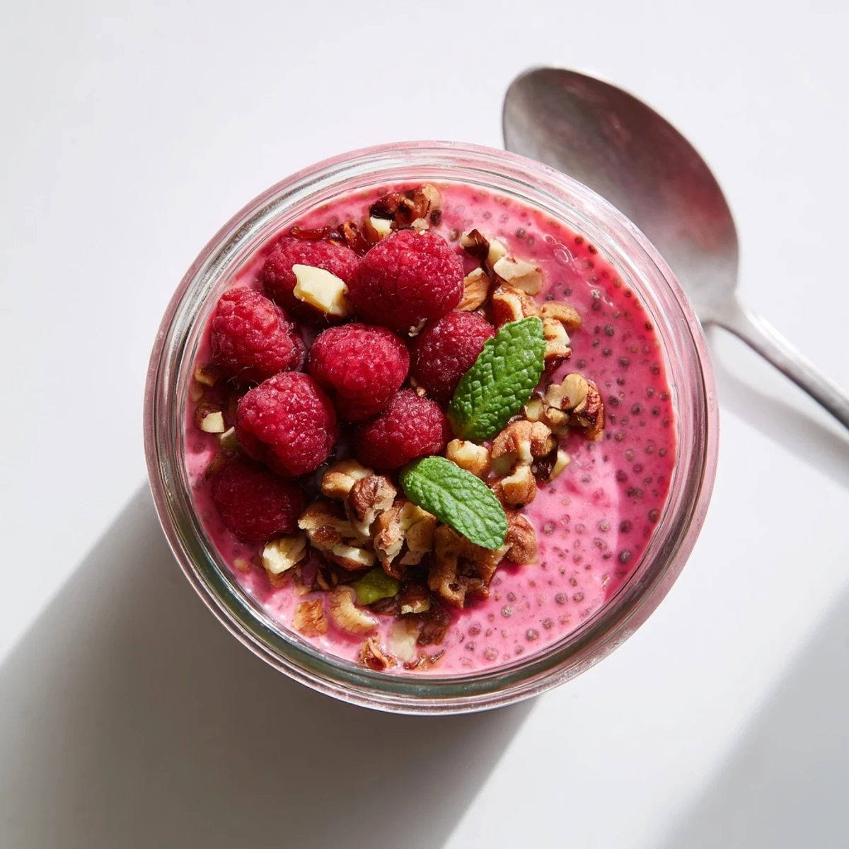 Vibrant pink raspberry chia pudding layered with granola and mint for breakfast