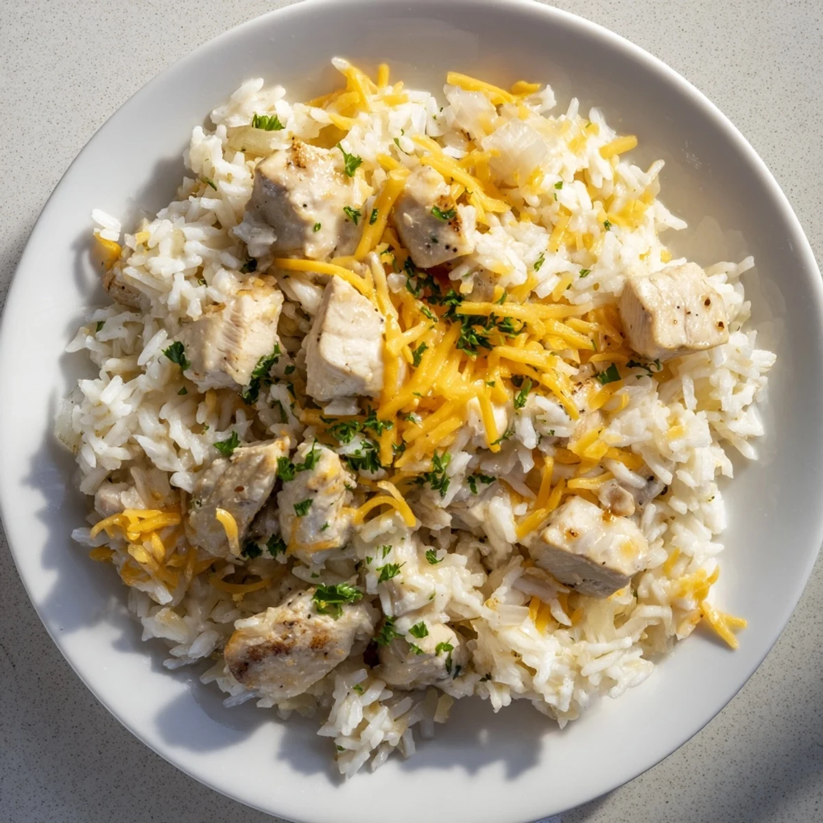 Comforting homestyle chicken and rice dish with heavy cream sauce and bubbly cheese garnish