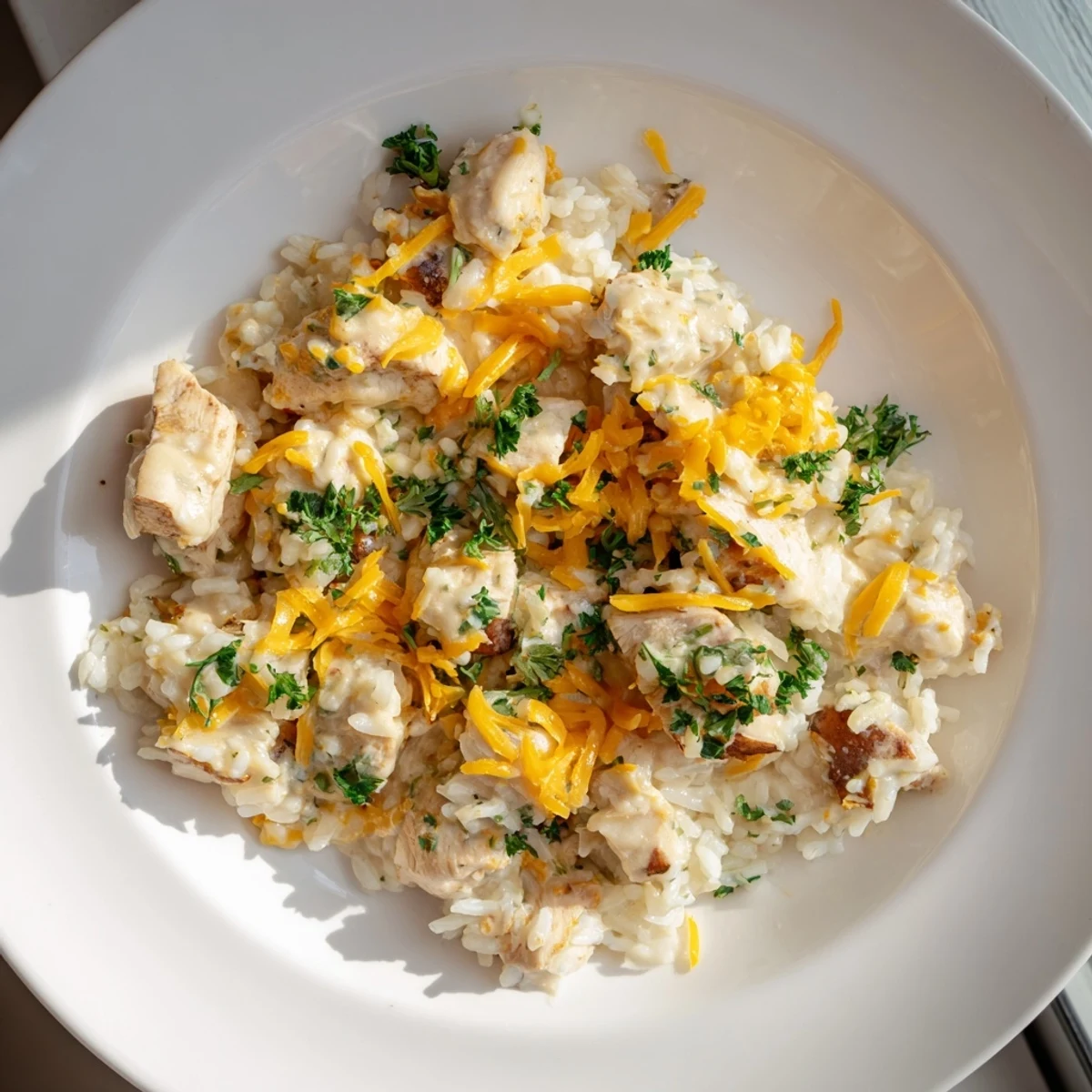 One-pan creamy smothered chicken and rice with tender meat in rich savory sauce