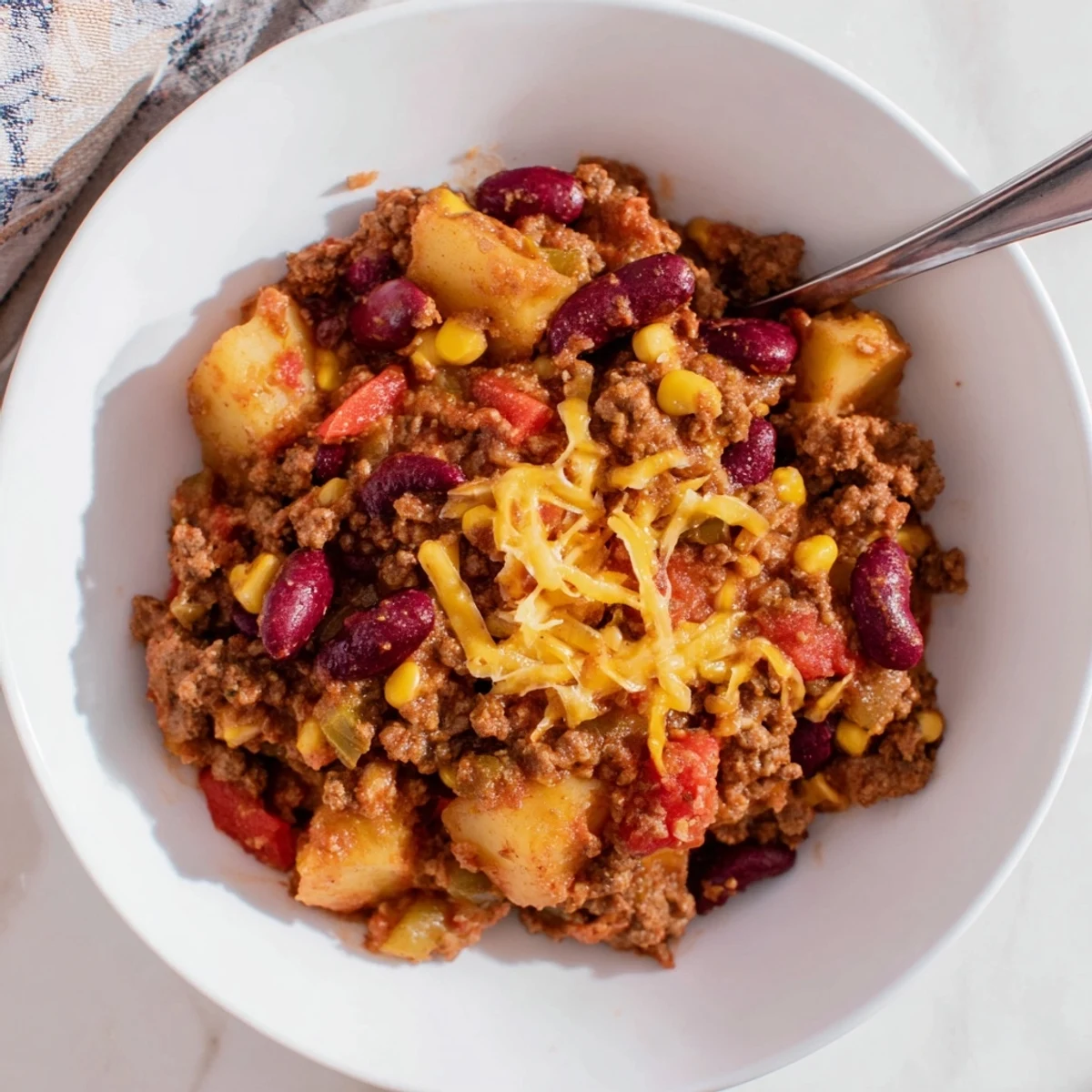 Hearty slow cooker cowboy casserole bubbling with melted cheddar cheese, ground beef, potatoes, and colorful vegetables