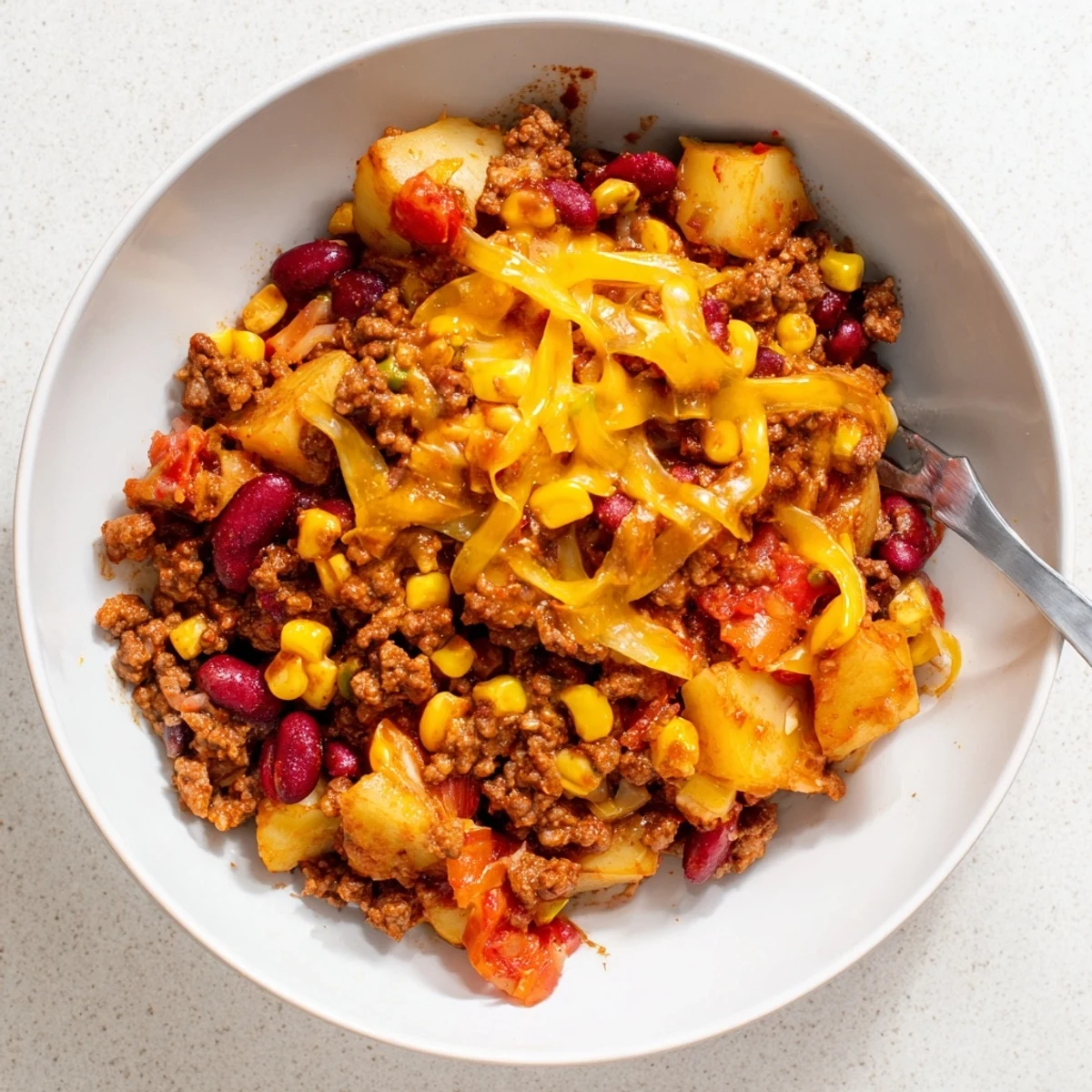 Family-style slow cooker cowboy casserole topped with golden melted cheese, featuring layers of beef and hearty vegetables