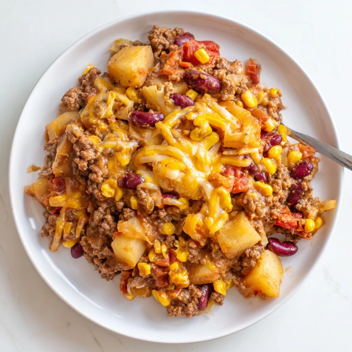 Spoonful of rich slow cooker cowboy casserole showcasing tender beef, beans, corn, and potatoes in savory tomato sauce