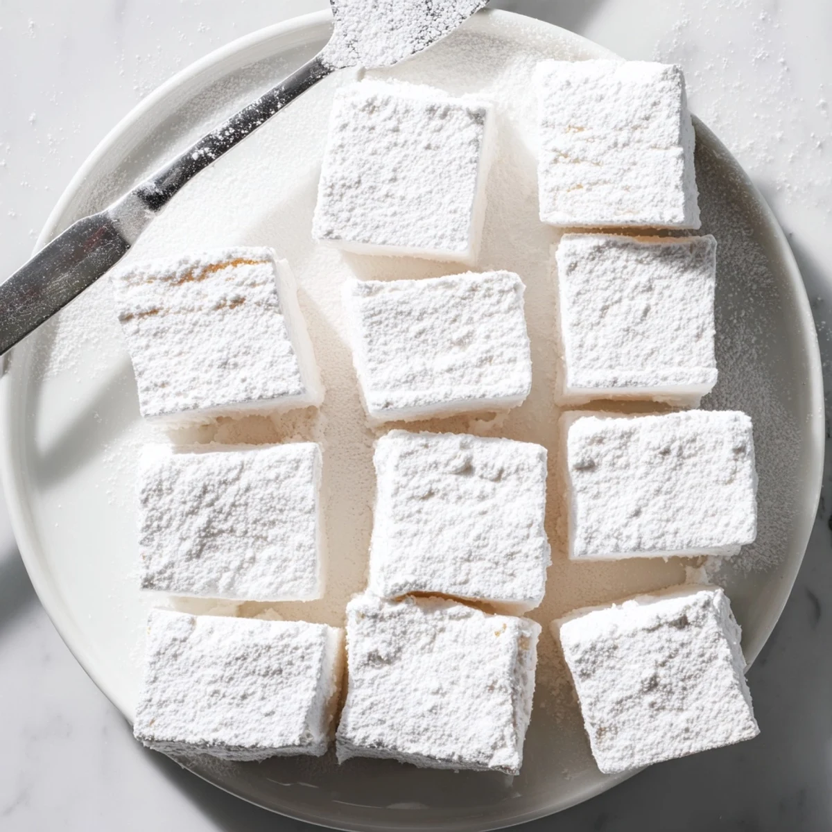 Fluffy white homemade marshmallow recipe dusted with powdered sugar on a marble cutting board