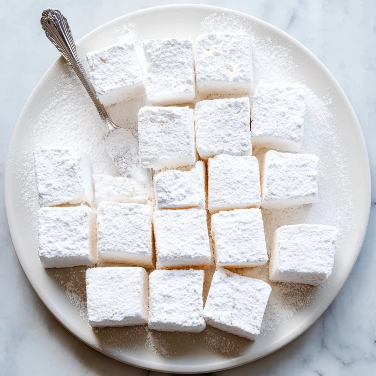Soft pillowy marshmallow recipe cubes ready for hot chocolate and winter s'mores treats