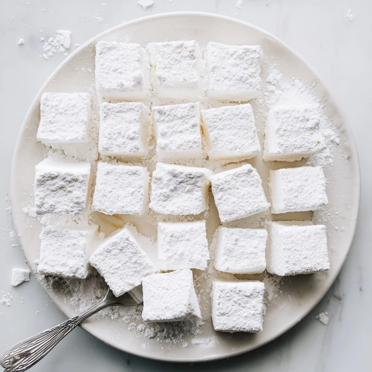 Vanilla marshmallow recipe squares coated in confectioners' sugar arranged on a rustic wooden board