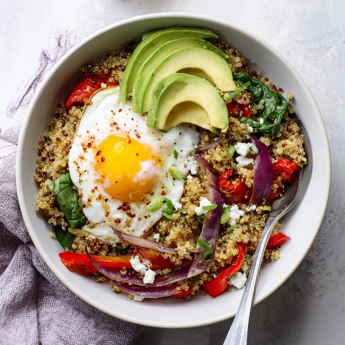 Hearty savory quinoa breakfast bowl topped with runny egg, fresh avocado slices, and herbs