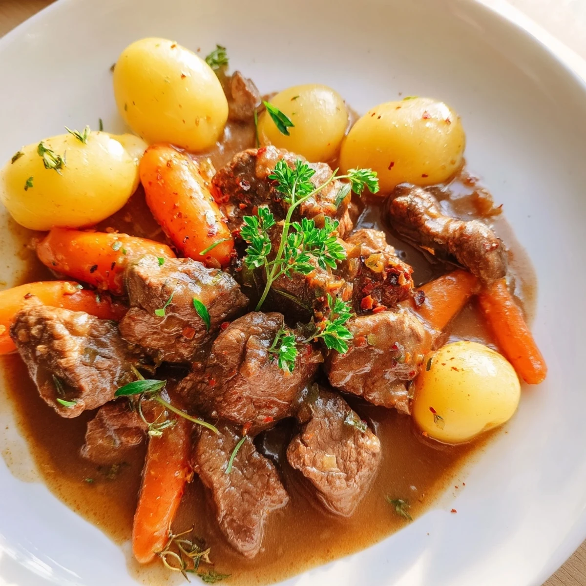 Tender slow cooker steak and potatoes served with baby carrots and fresh parsley garnish