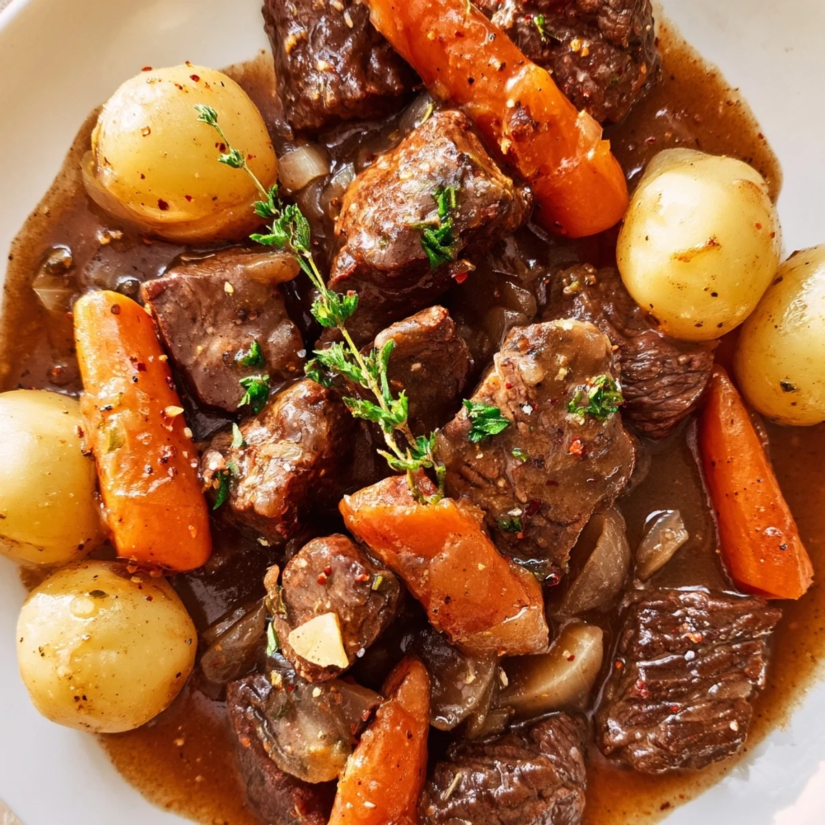 Hearty beef steaks nestled with buttery baby potatoes in a rich beef broth sauce