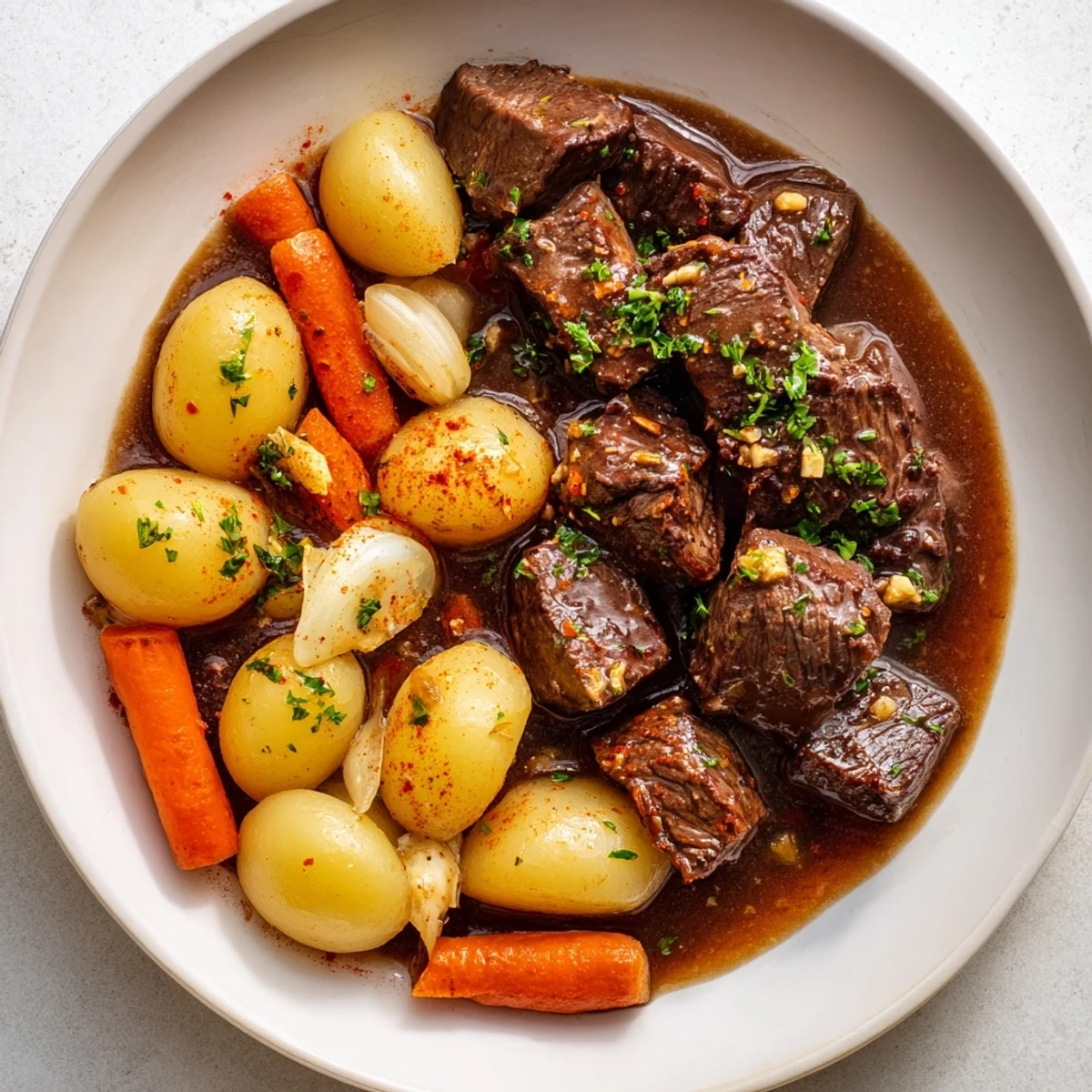 Golden seared beef and creamy potatoes cooked low and slow in a crockpot