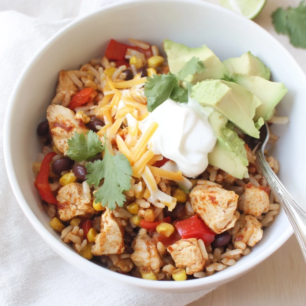 Colorful Instant Pot chicken burrito bowls loaded with seasoned rice, beans, and fresh toppings