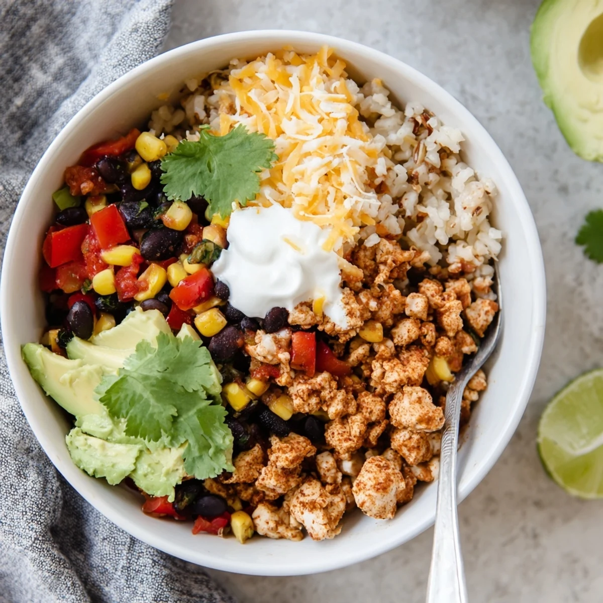 Savory chicken and rice burrito bowl garnished with avocado, cilantro, and melted cheddar cheese