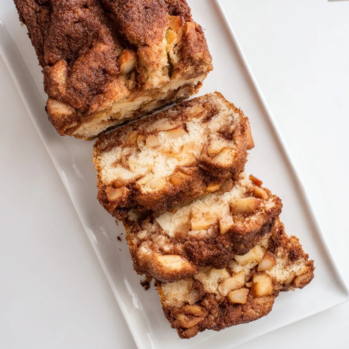 Moist cinnamon apple bread loaf topped with cinnamon sugar swirl and fresh apple chunks