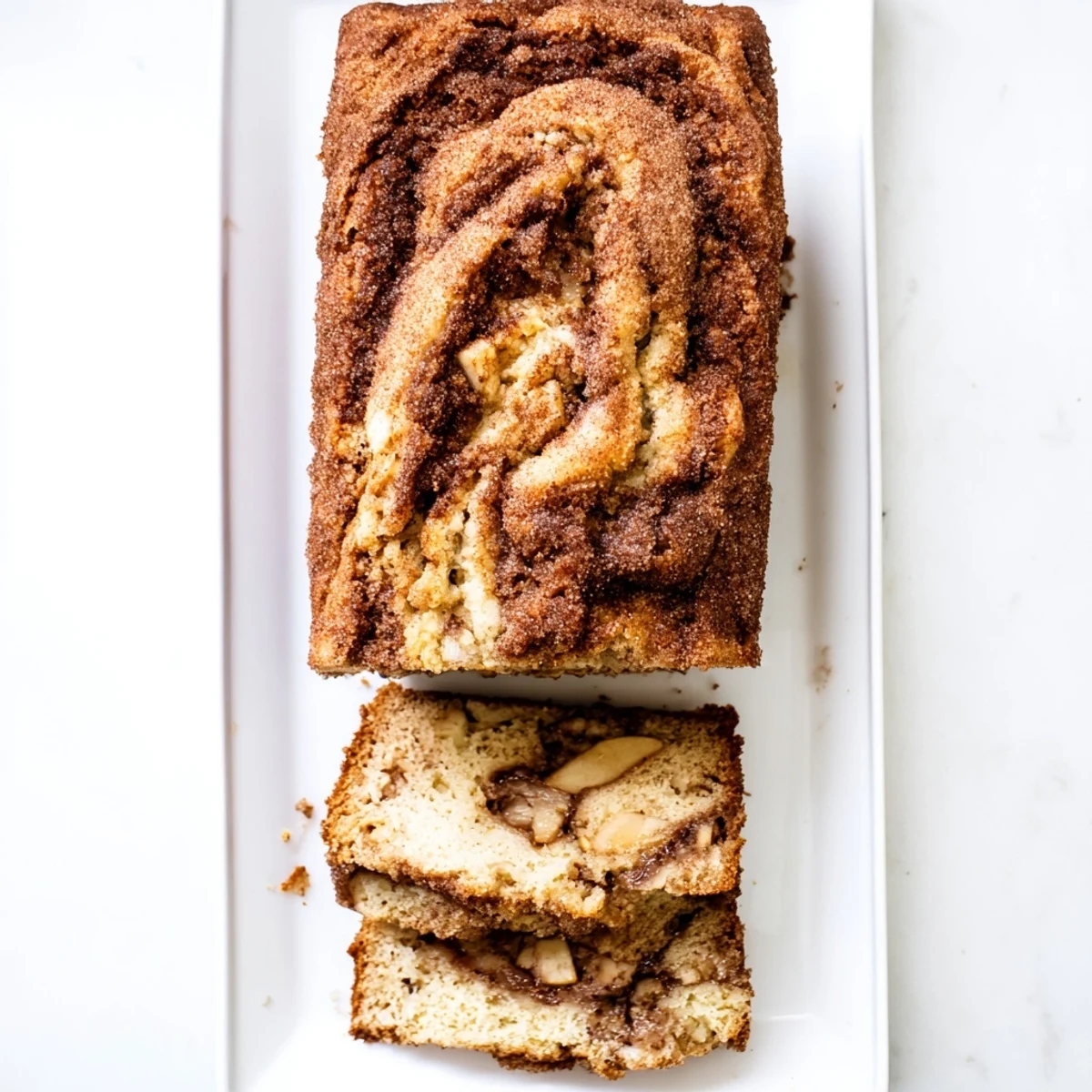 Golden brown cinnamon apple bread sliced on wooden board with powdered sugar dusting