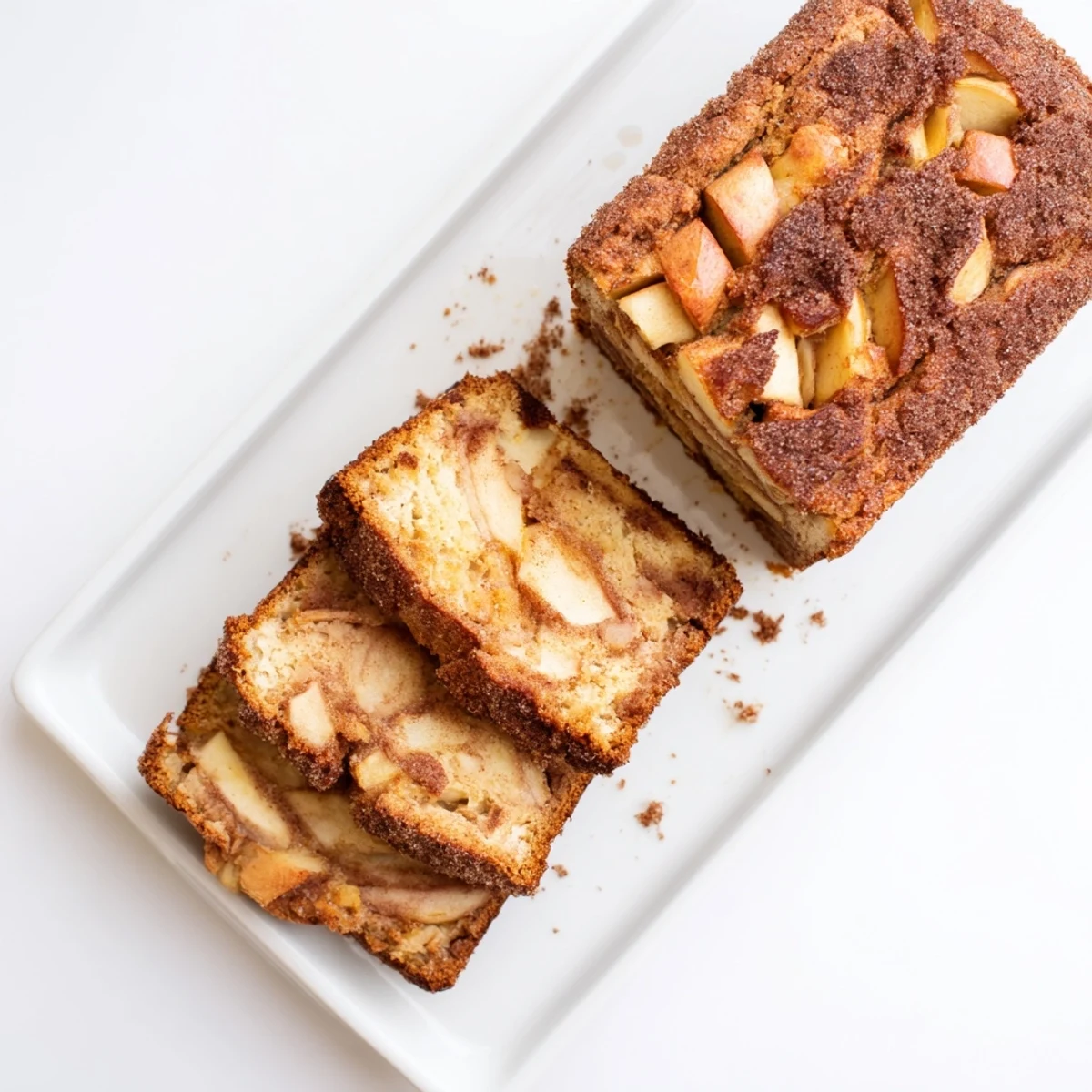 Warm cinnamon apple bread slice showing marbled cinnamon sugar swirl and tender apple pieces
