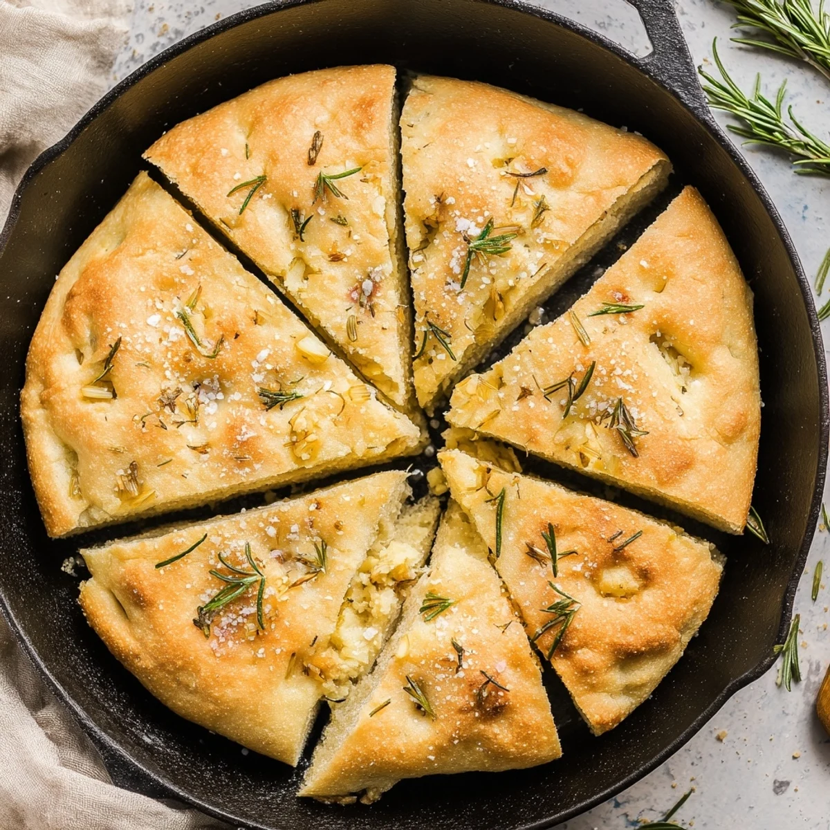Golden rustic garlic rosemary skillet bread with flaky sea salt sprinkled on top