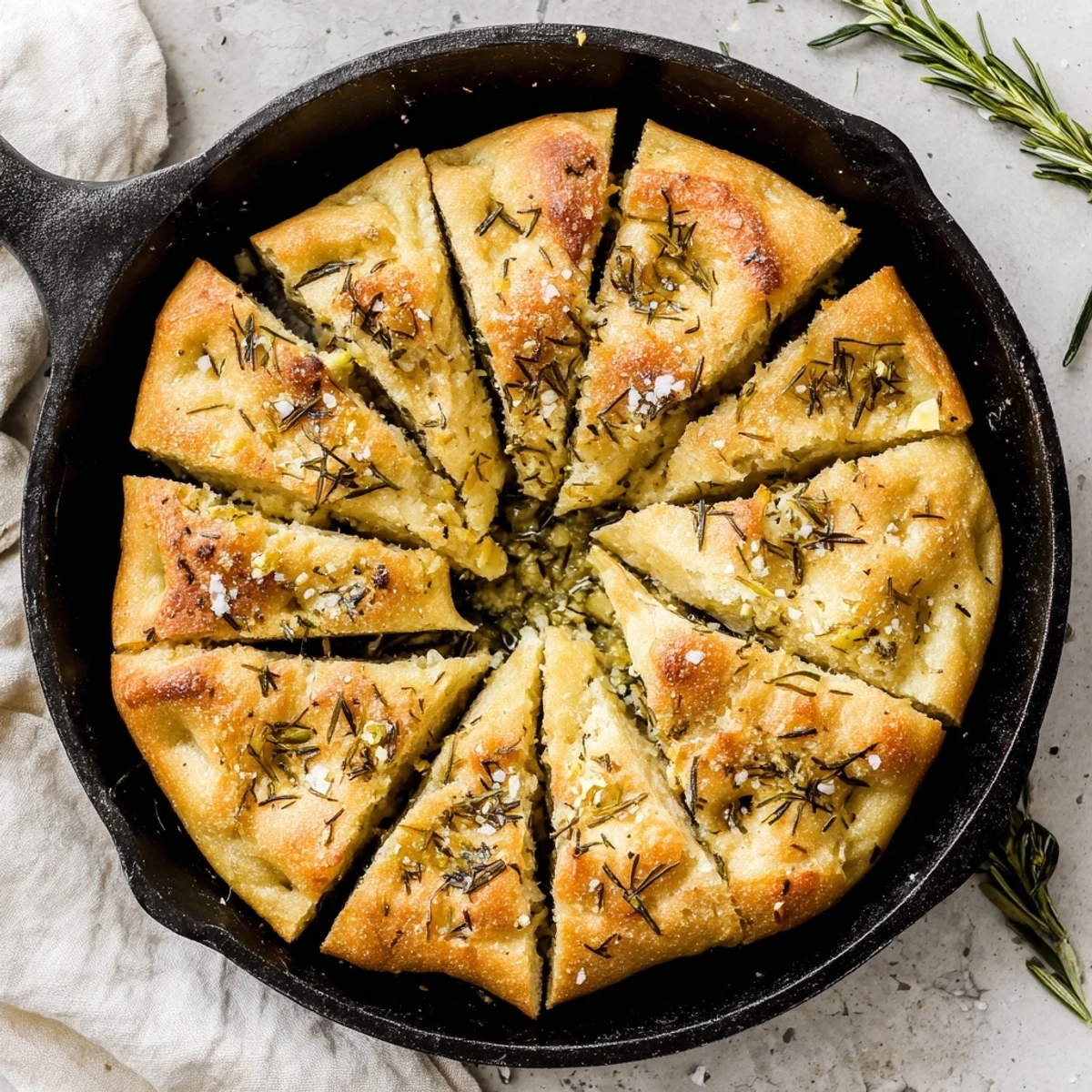 Warm oven-baked skillet bread featuring aromatic rosemary and roasted garlic in a cast iron pan