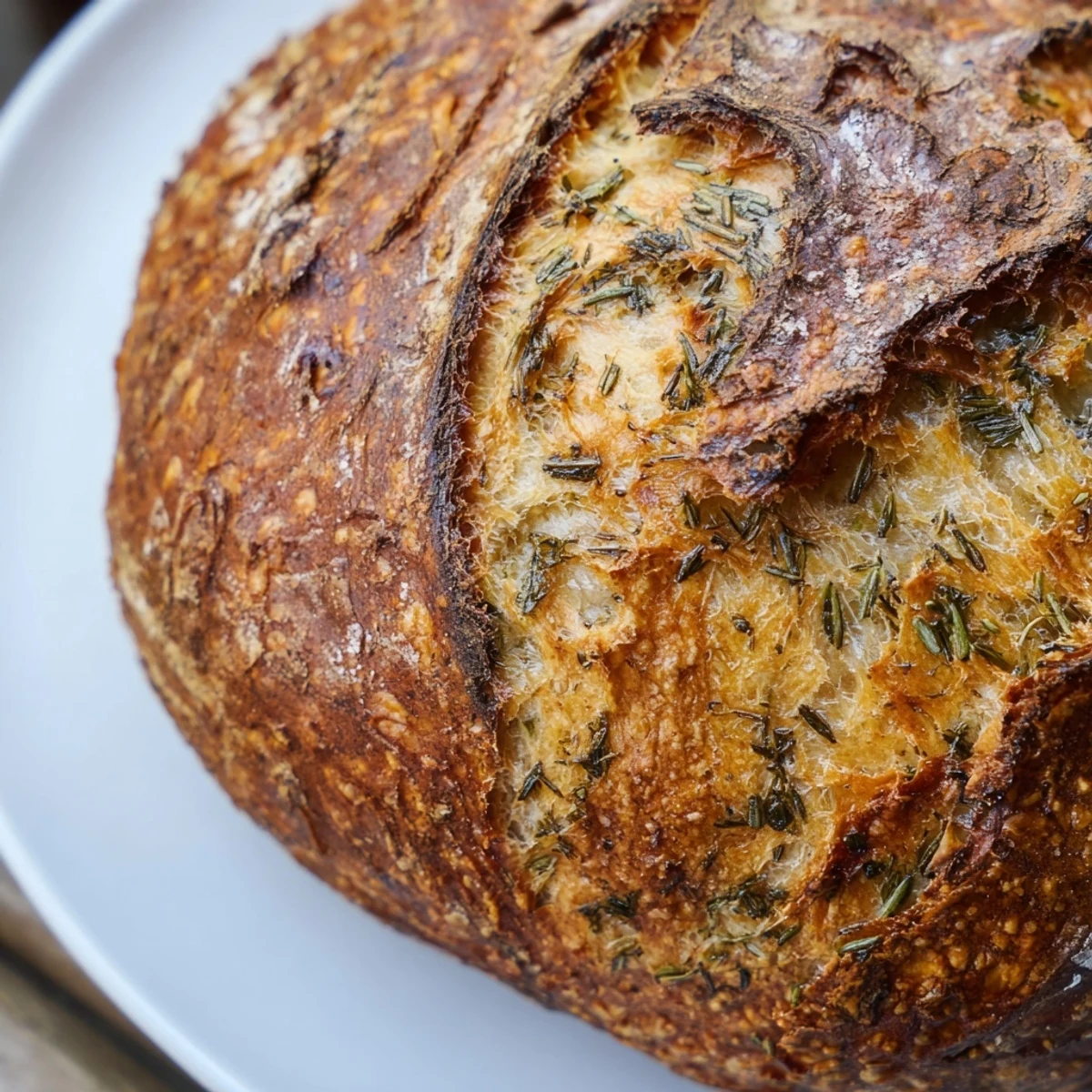 Golden brown garlic herb Dutch oven bread with a crisp, crackling crust on a wooden cutting board