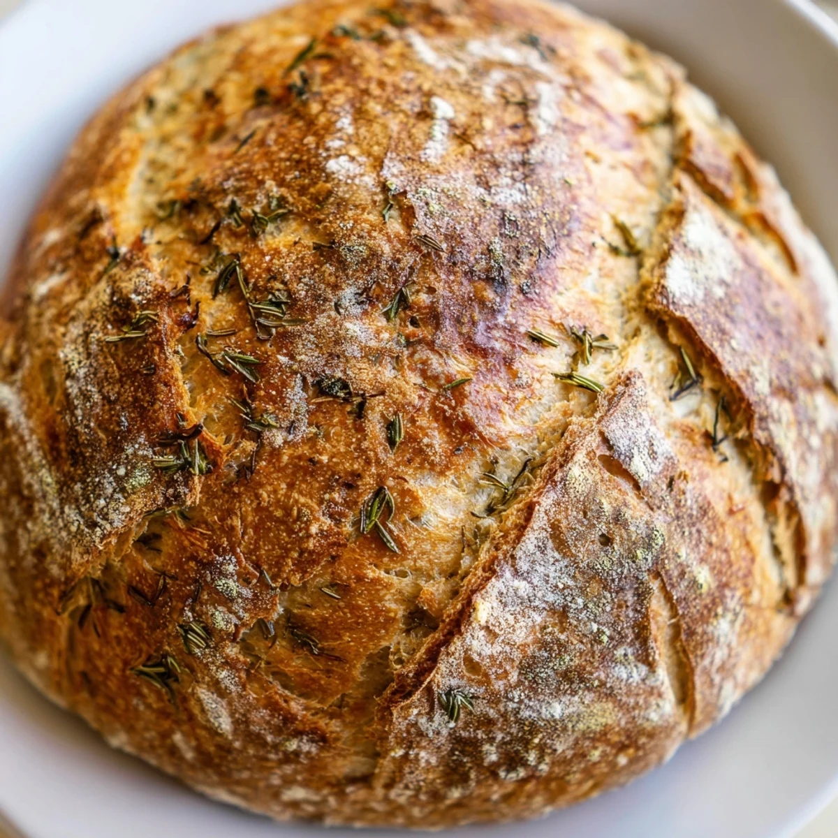 Freshly baked garlic herb Dutch oven bread loaf brushed with melted butter and sprinkled with green parsley