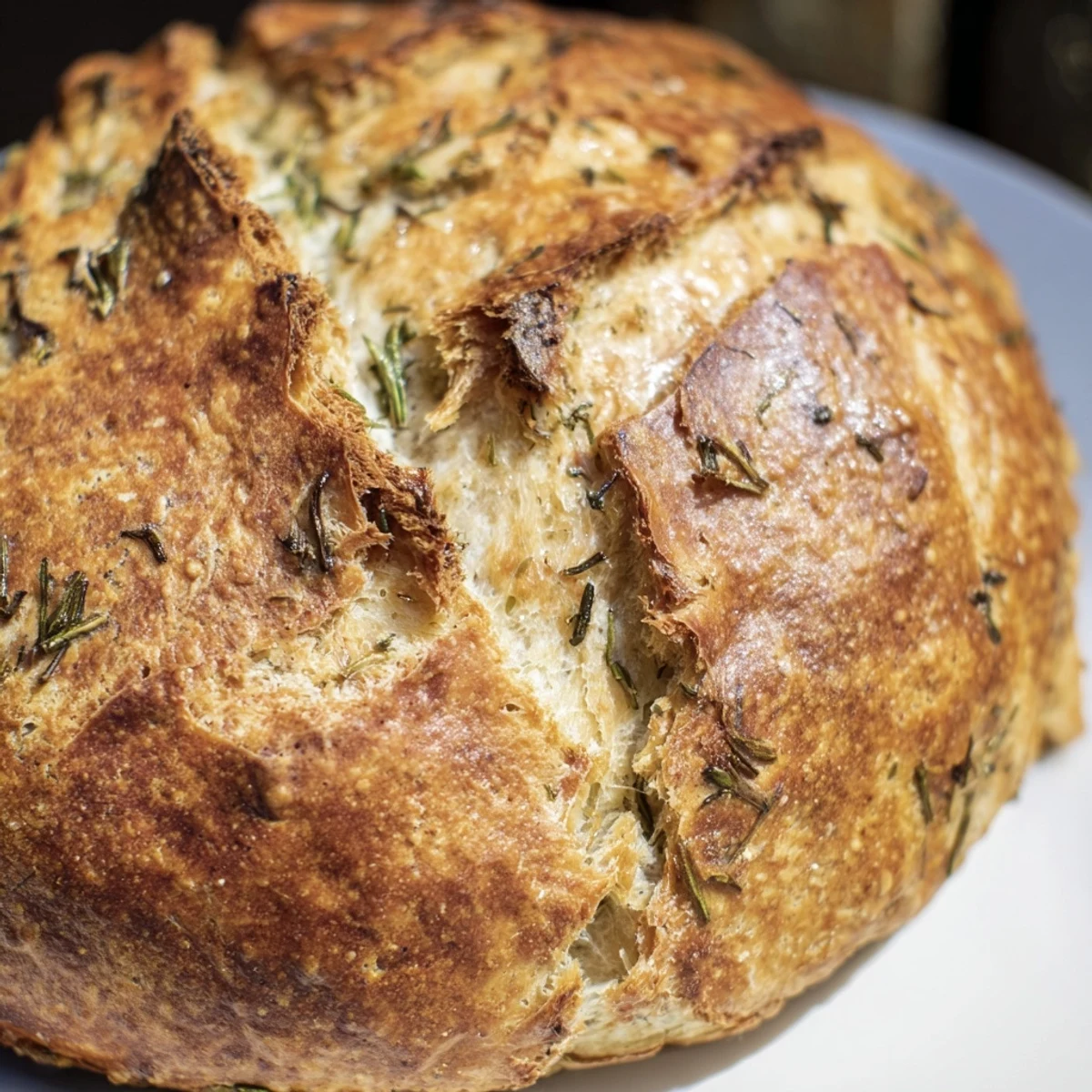 Rustic artisan garlic herb Dutch oven bread with soft interior, served alongside olive oil for dipping