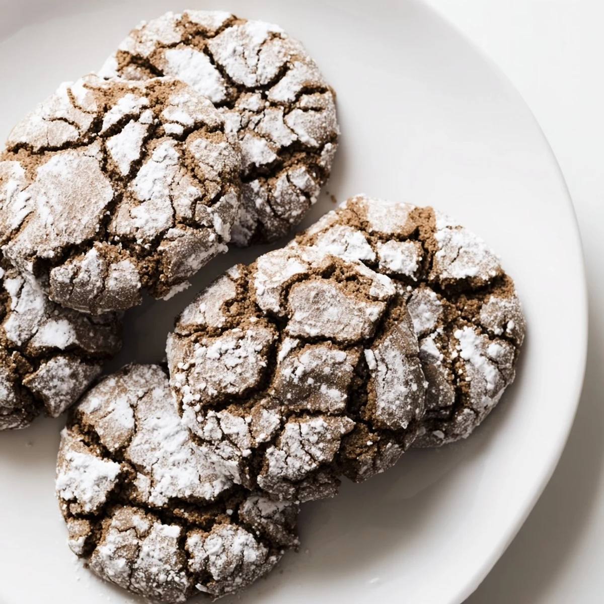 Soft gingerbread crinkle cookies dusted with powdered sugar on a white serving plate