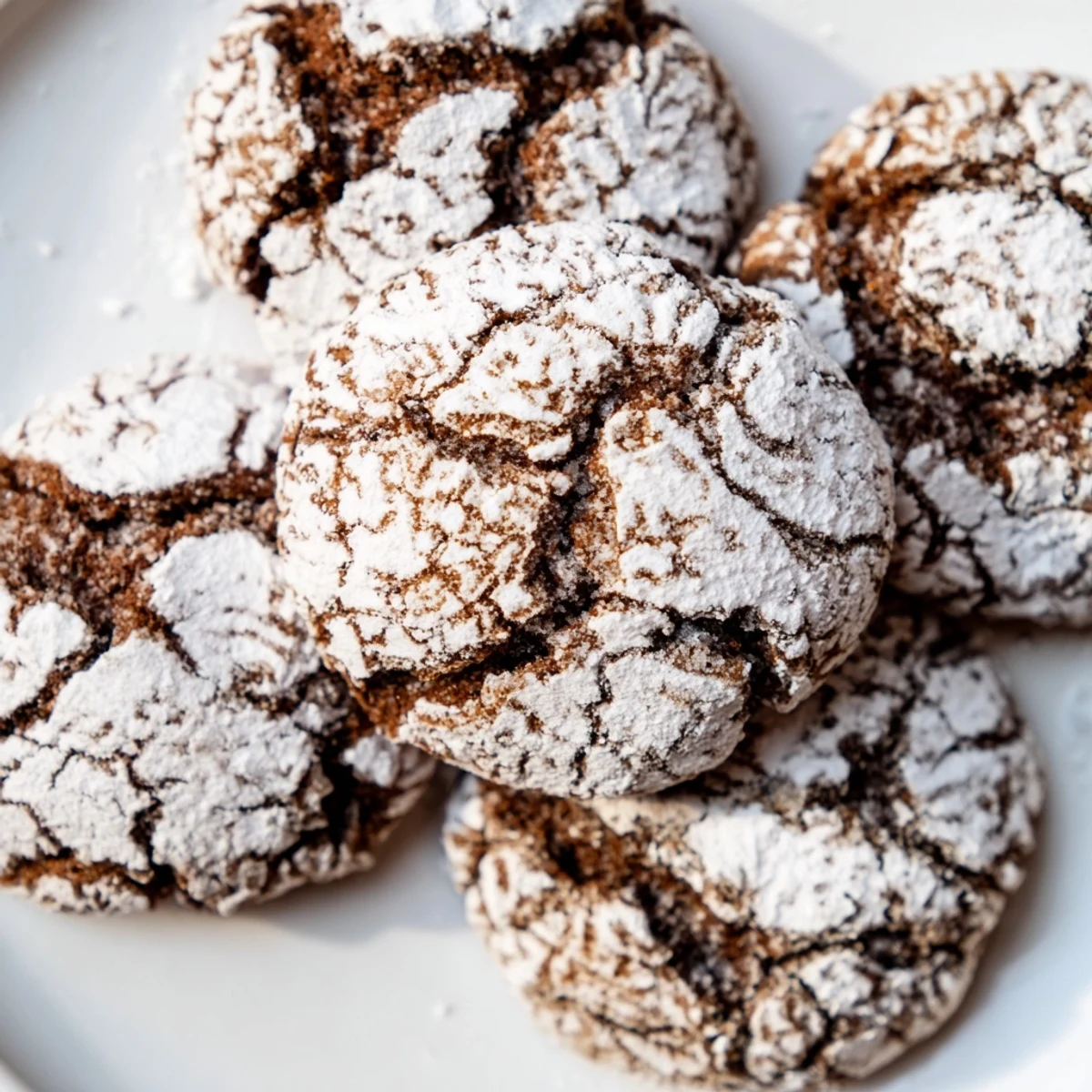 Festive gingerbread crinkle cookies rolled in white sugar with warm spices inside