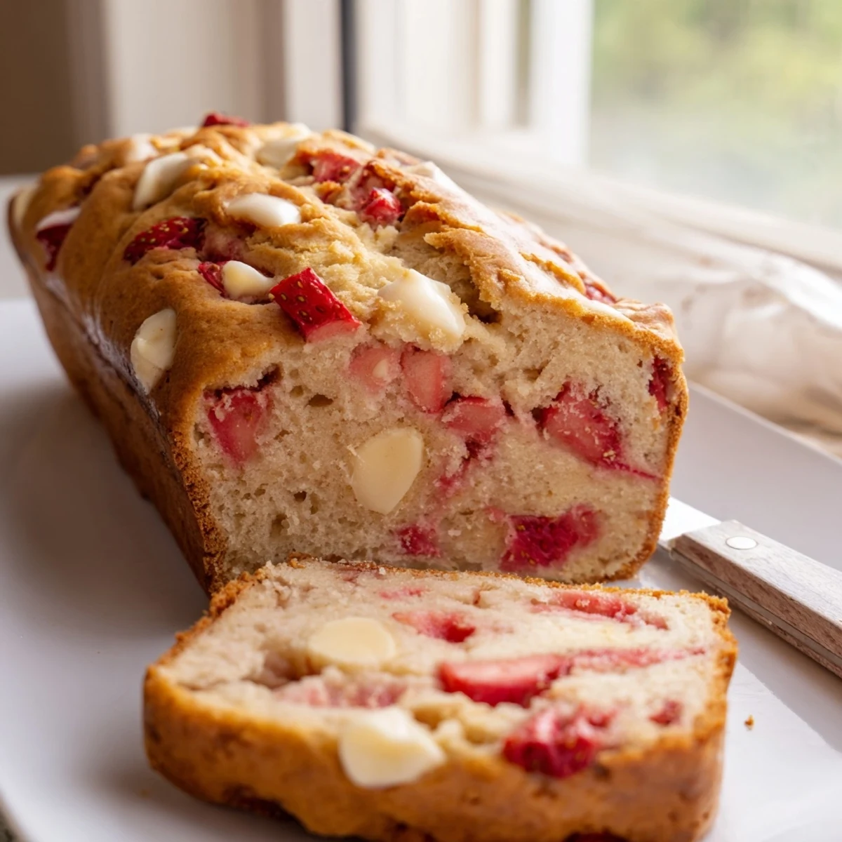 Golden brown sourdough white chocolate chips strawberry bread fresh from the oven with melted chips