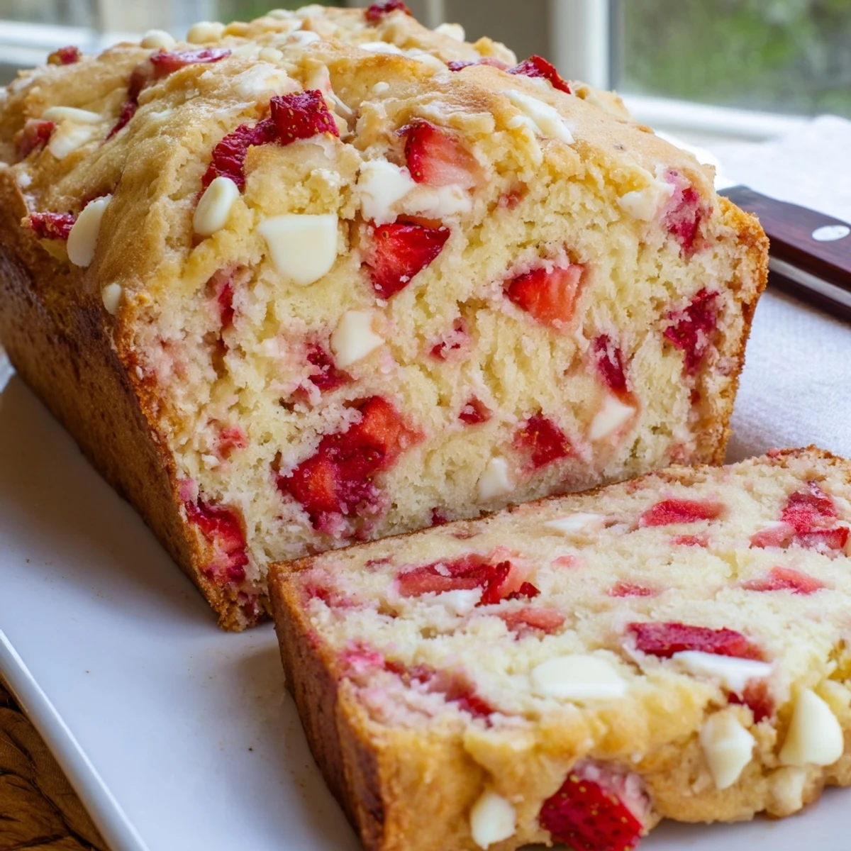 Thick slice of tender strawberry sourdough bread studded with juicy berries and creamy white chocolate