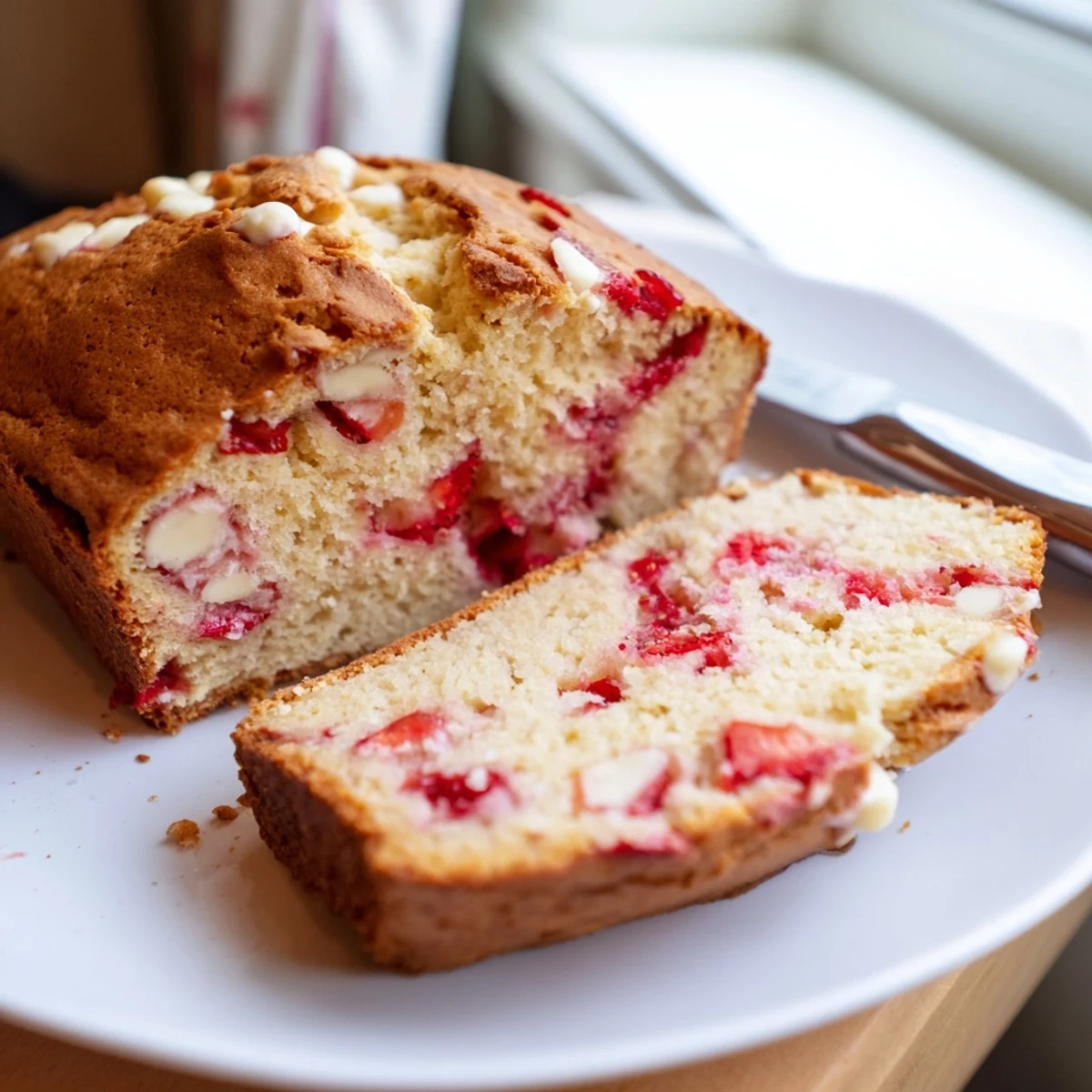 Homemade sourdough white chocolate chips strawberry bread loaf cooling on wire rack ready for slicing