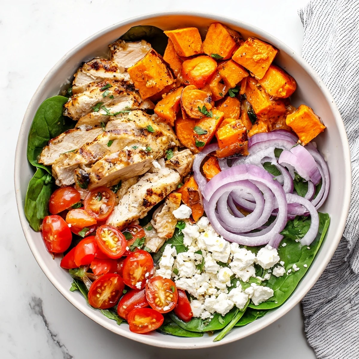 Golden glazed chicken breast slices atop roasted sweet potato cubes in a wholesome bowl