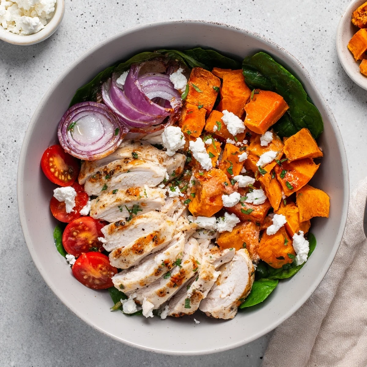 Maple Dijon chicken resting on bed of fresh spinach with cherry tomatoes and red onion
