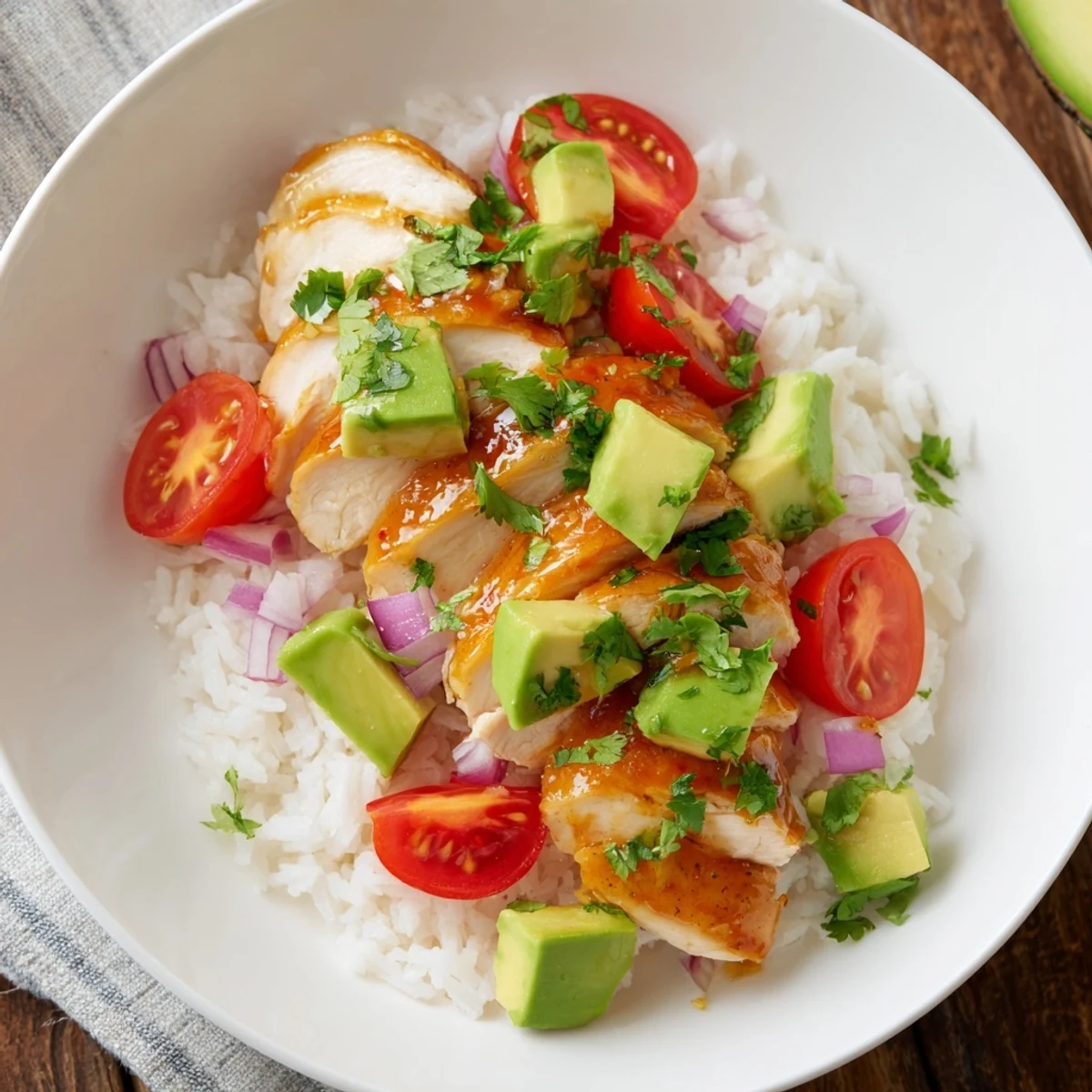 Layered honey lime chicken avocado rice stack with tender sliced chicken and fresh cilantro garnish on white plate