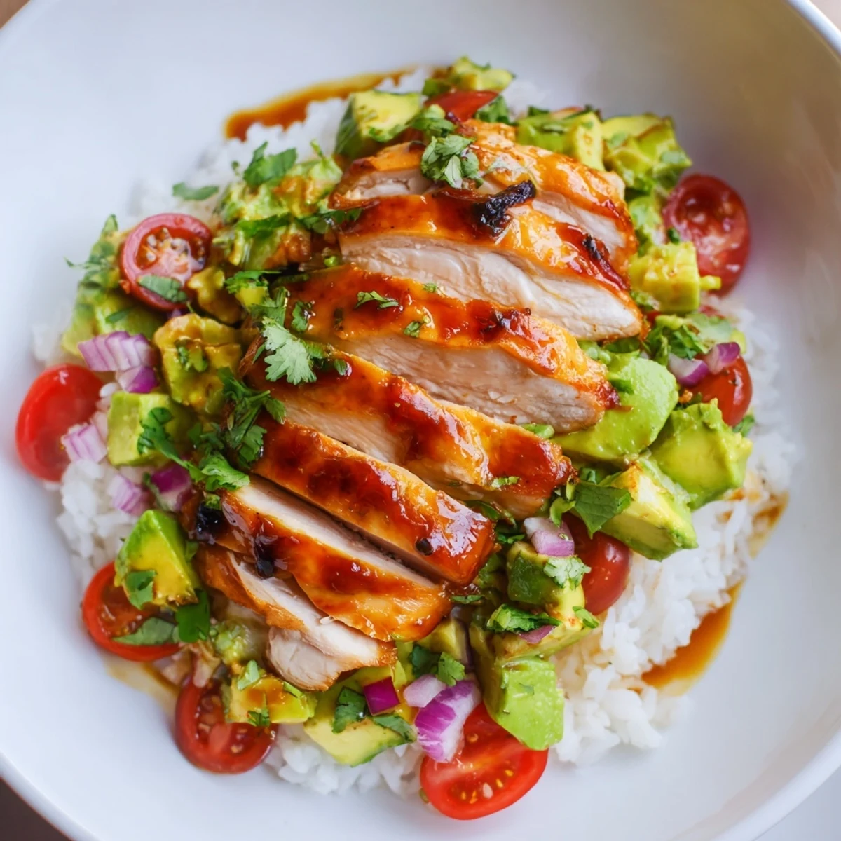 Golden honey lime chicken avocado rice stack with creamy diced avocado layers and zesty lime wedges