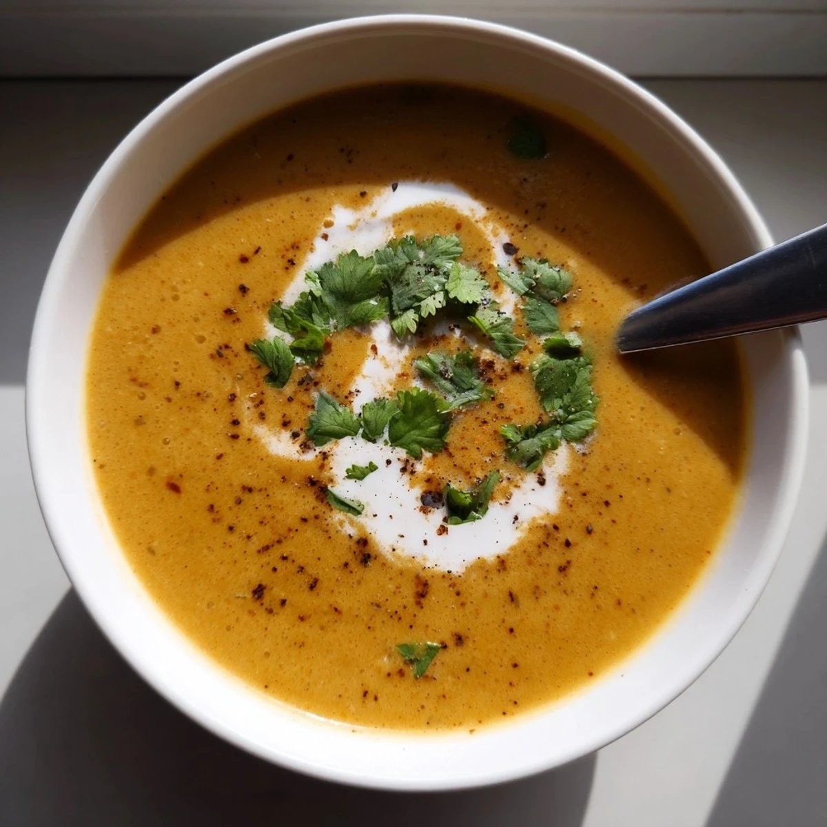 Creamy spicy apple soup recipe garnished with fresh herbs and coconut cream swirl