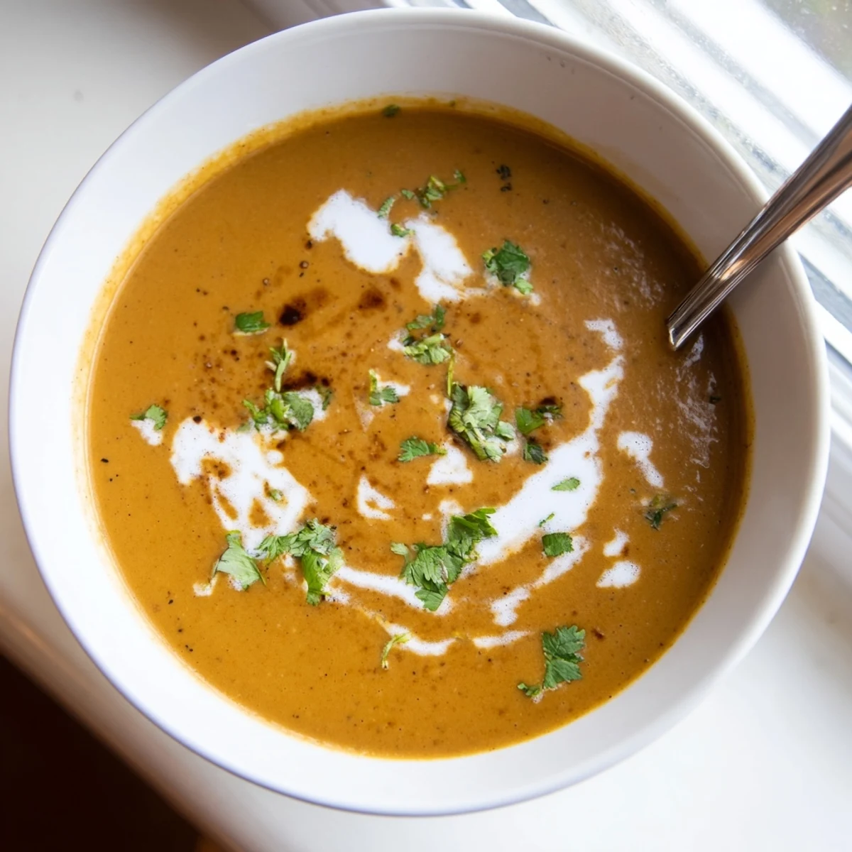 Smooth vegetarian spicy apple soup recipe served hot with crusty bread for lunch