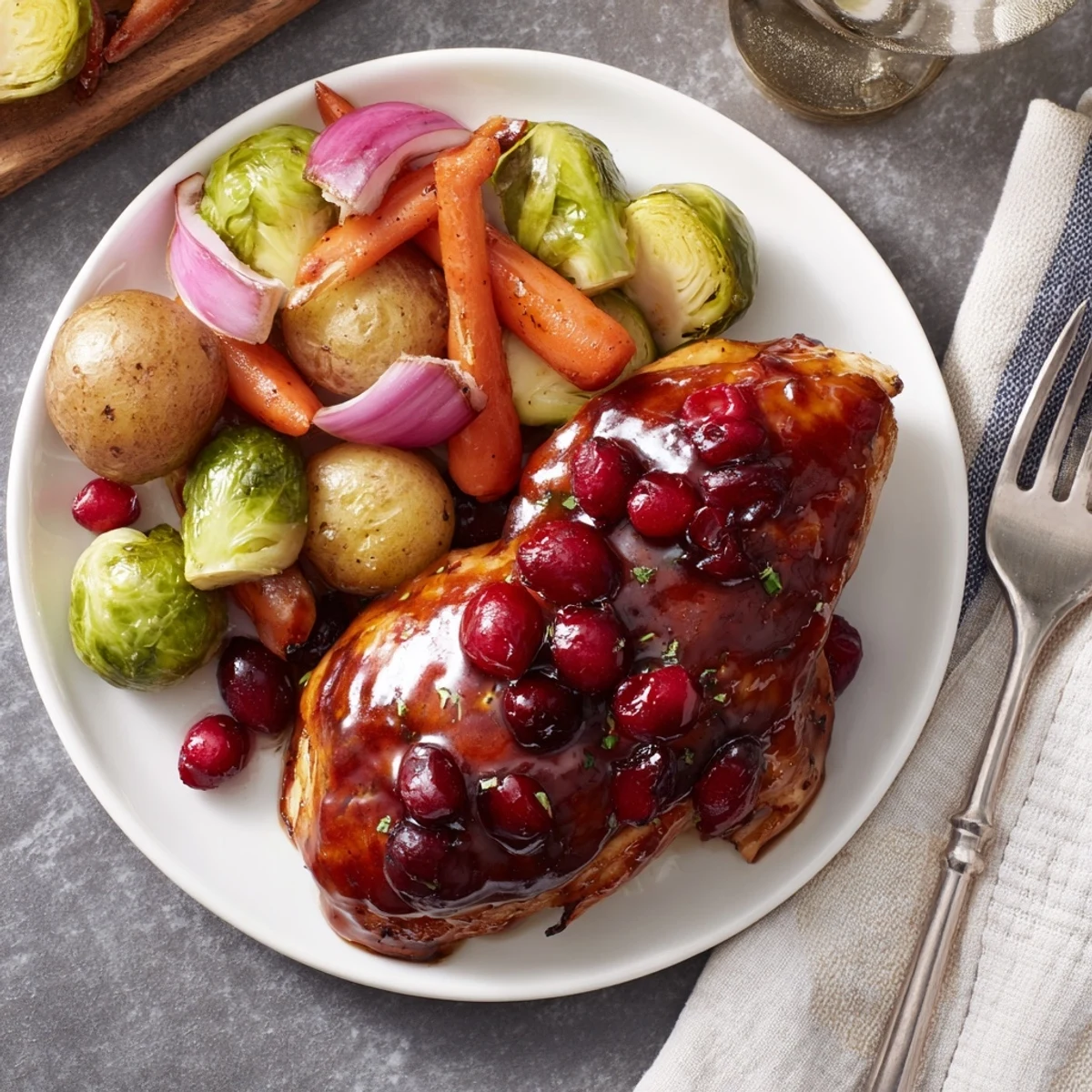 Golden glazed honey cranberry chicken breasts roasted with colorful Brussels sprouts and baby potatoes on a baking sheet