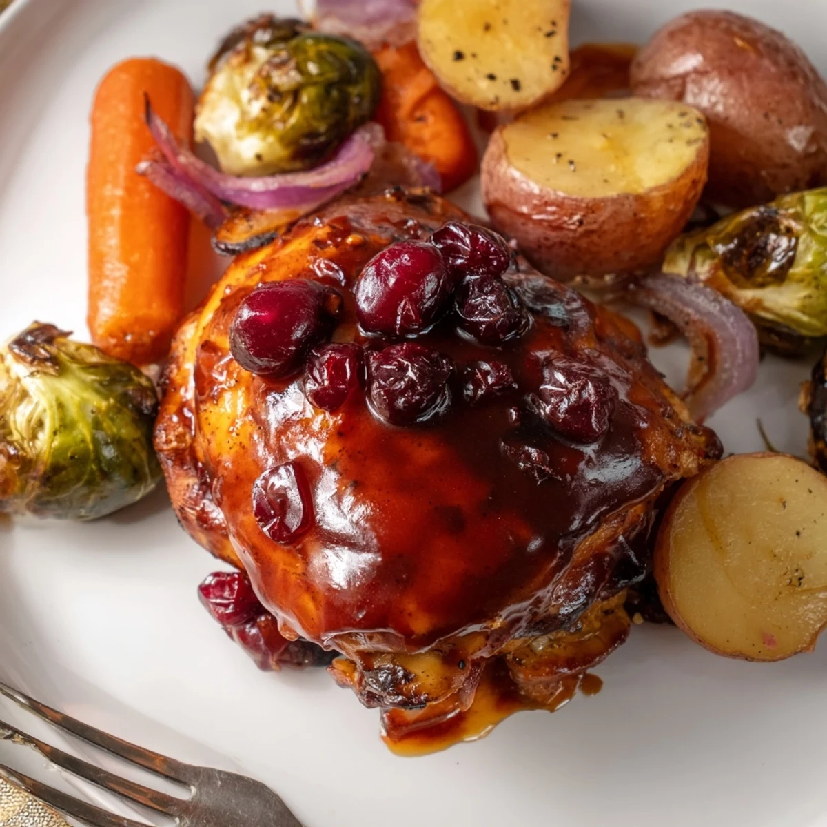 Tender one pan honey cranberry chicken dinner with caramelized vegetables and sticky red glaze glistening under oven lights